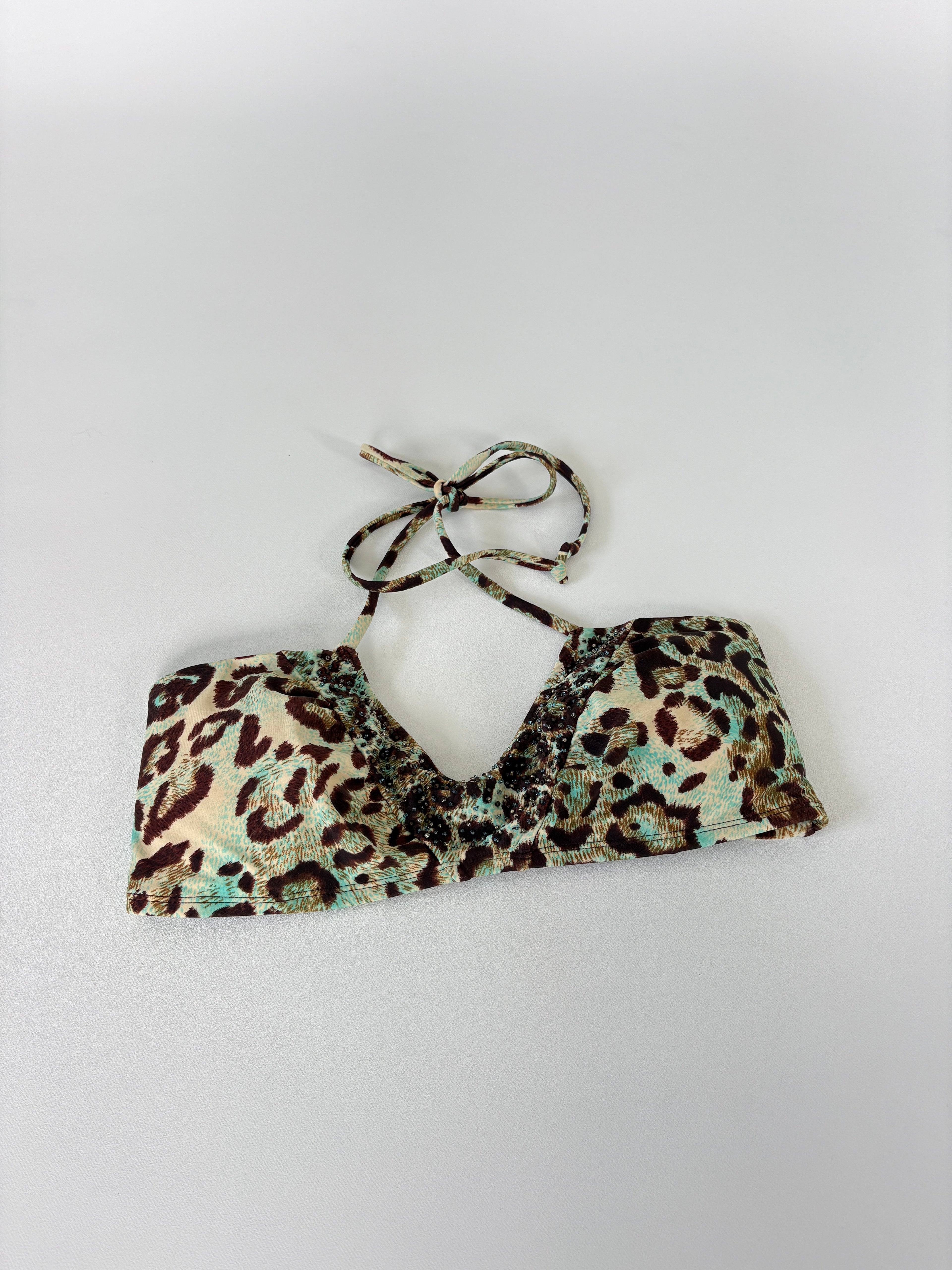 38 / Beaded Cheetah Print Halther Neck Bikini Top