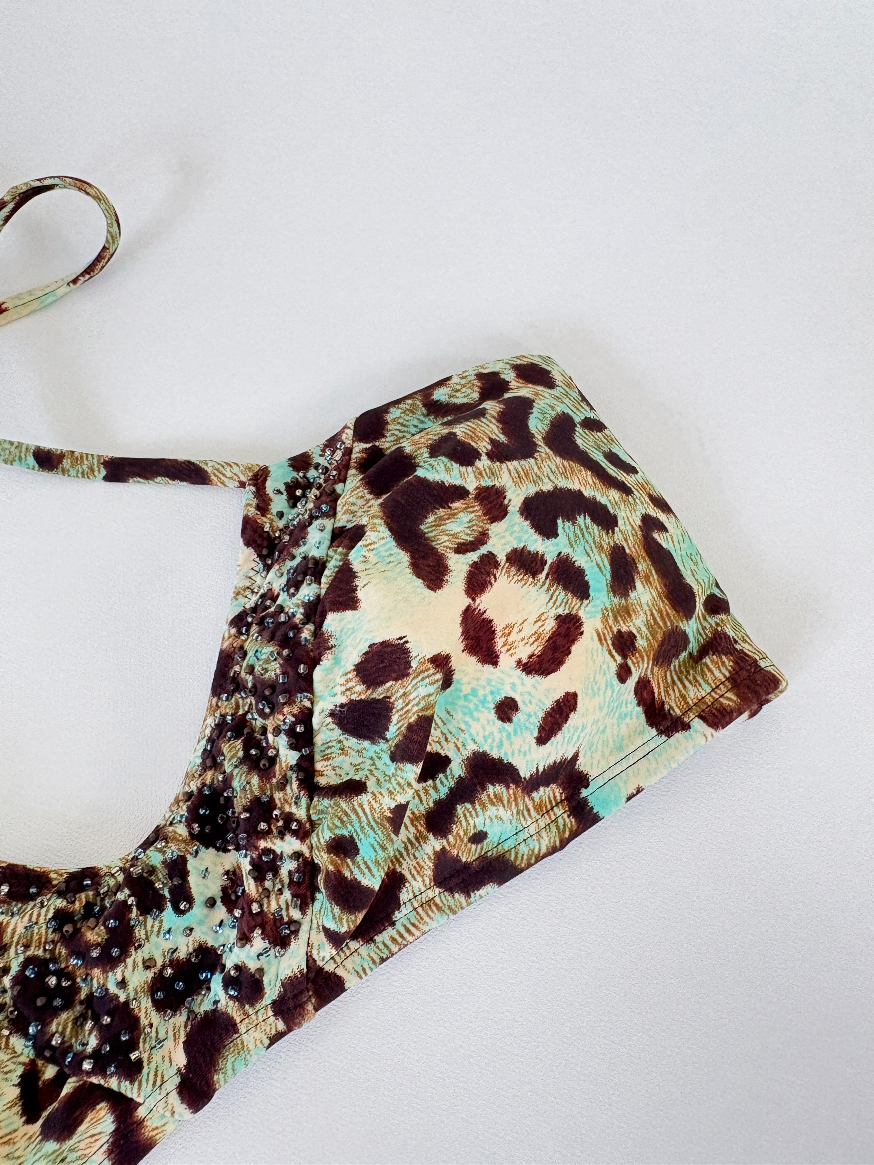 38 / Beaded Cheetah Print Halther Neck Bikini Top