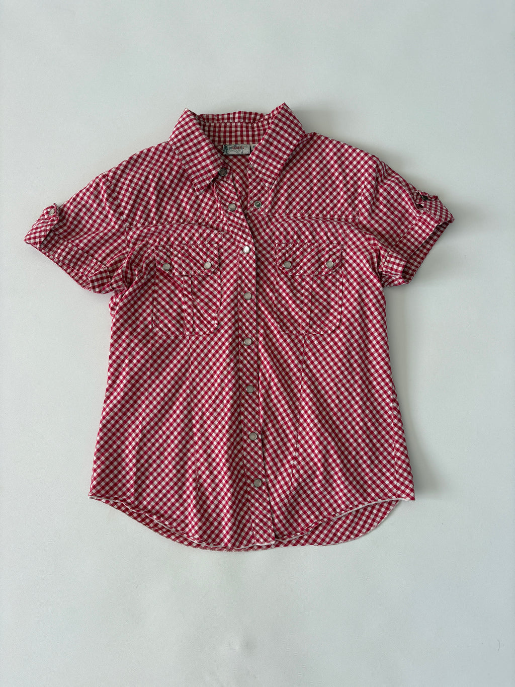 57 / Gingham Red Button Up w/ Sliver Pearlescent Buttons