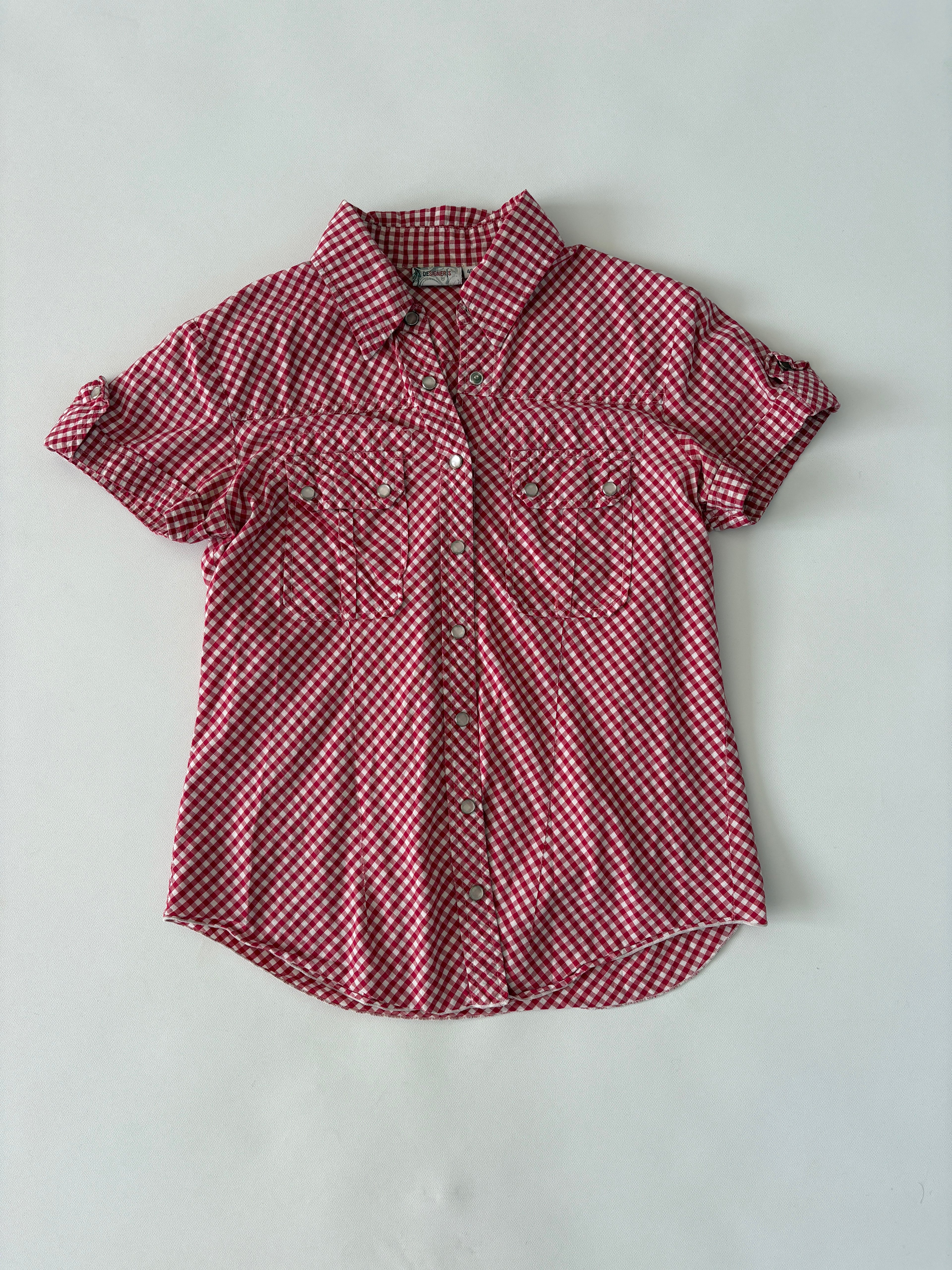 57 / Gingham Red Button Up w/ Sliver Pearlescent Buttons