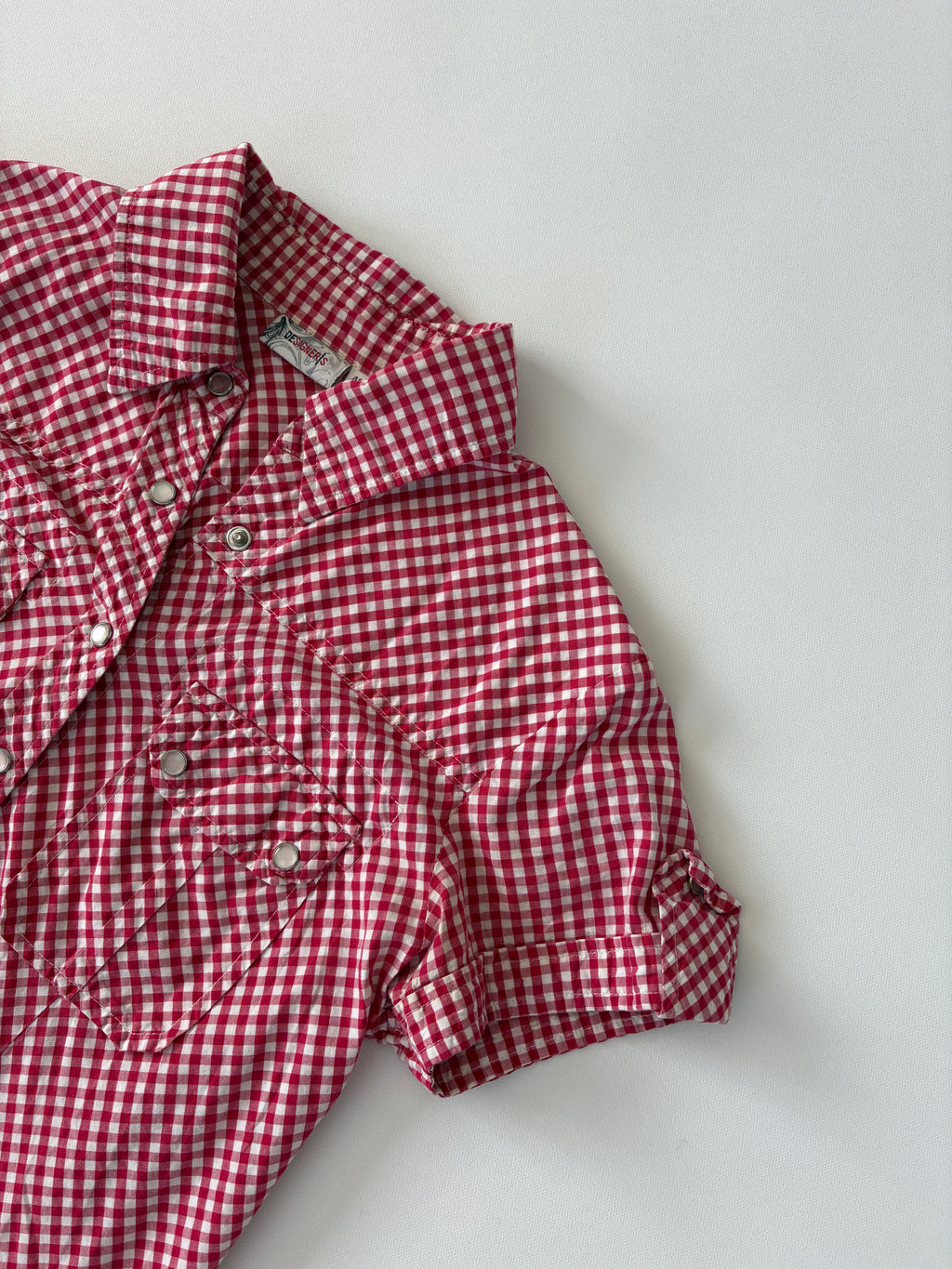 57 / Gingham Red Button Up w/ Sliver Pearlescent Buttons