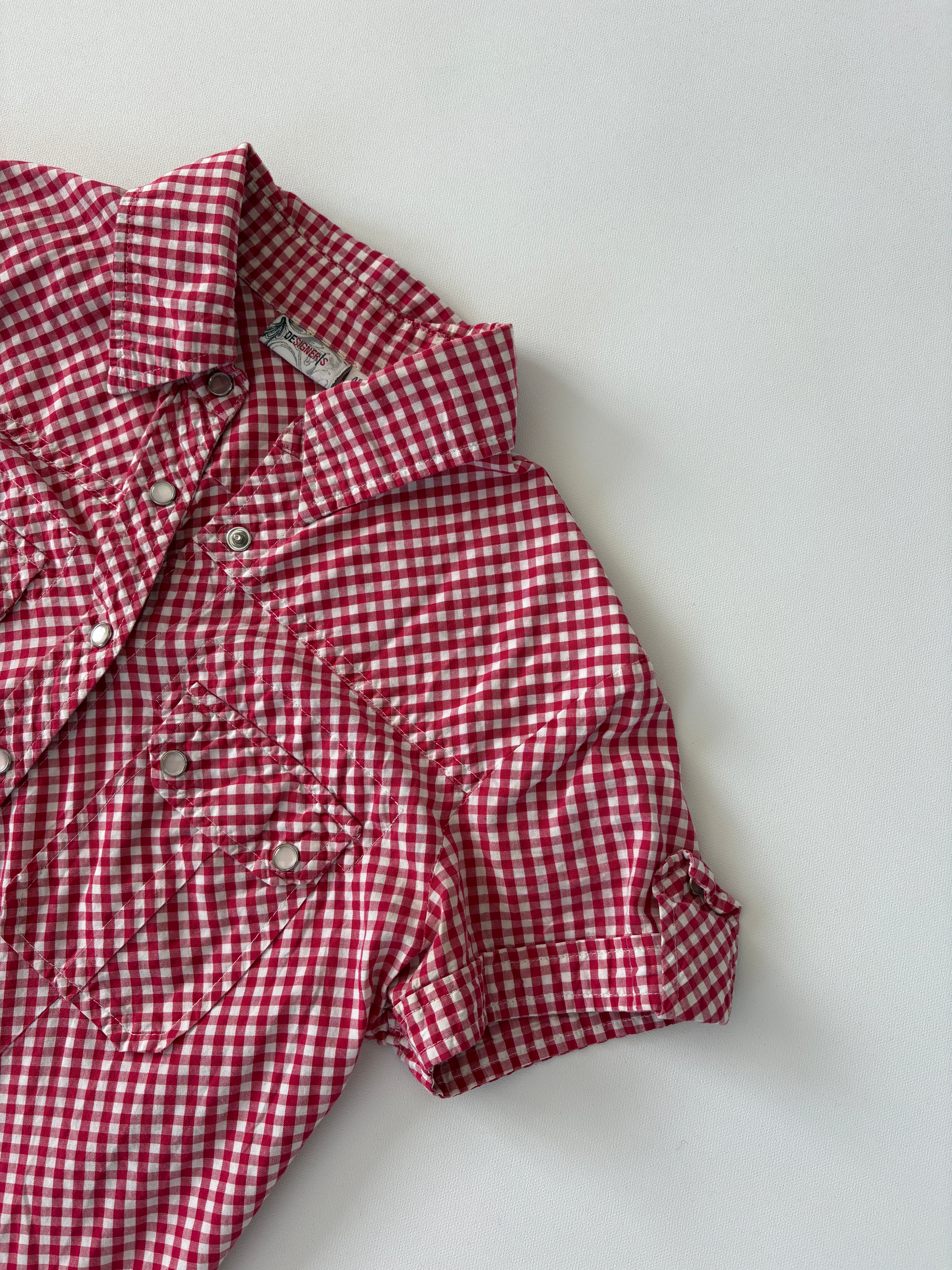 57 / Gingham Red Button Up w/ Sliver Pearlescent Buttons