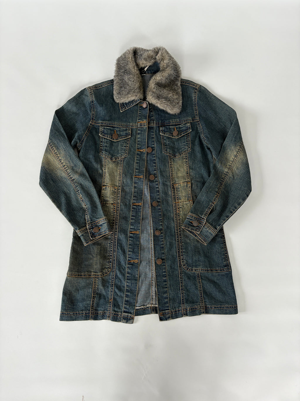 133 / Long Denim Jacket w/ Fur Collar