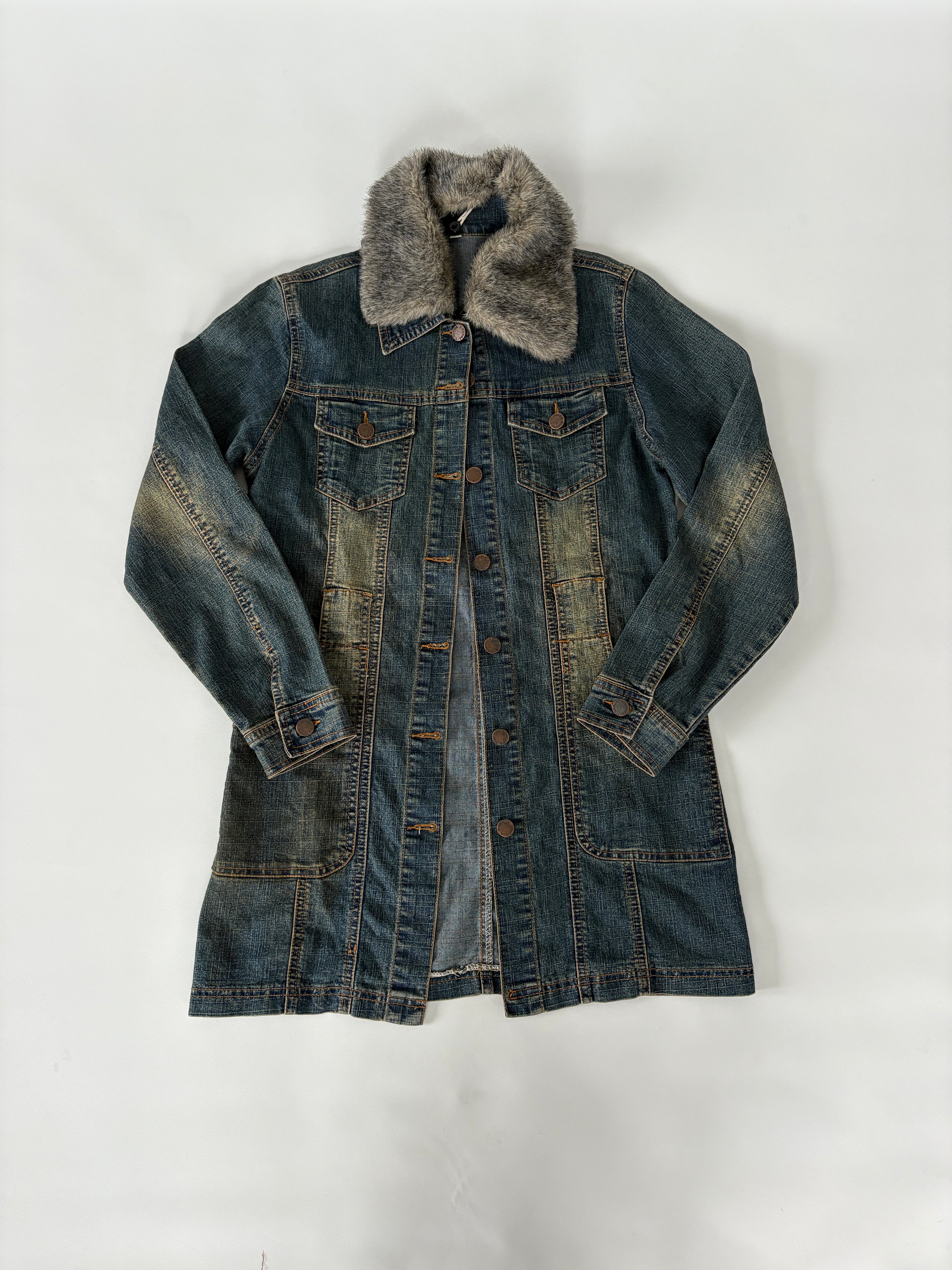 133 / Long Denim Jacket w/ Fur Collar