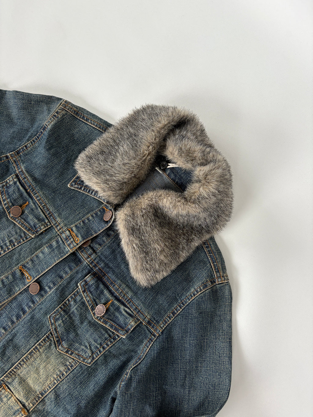 133 / Long Denim Jacket w/ Fur Collar