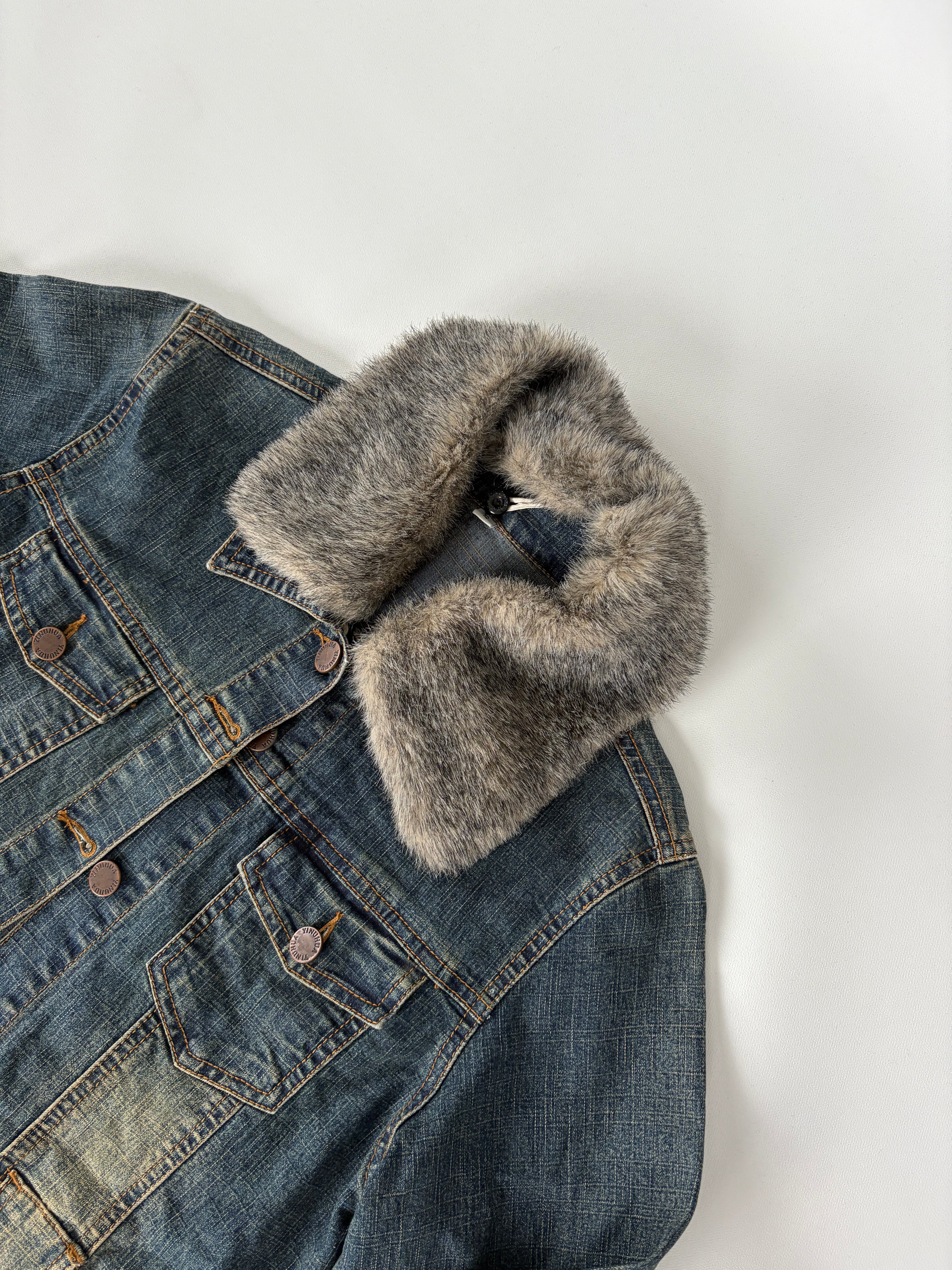 133 / Long Denim Jacket w/ Fur Collar