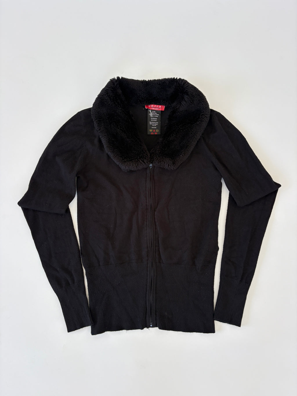 145 / Black Zip-Up Sweater w/ Fur Collar