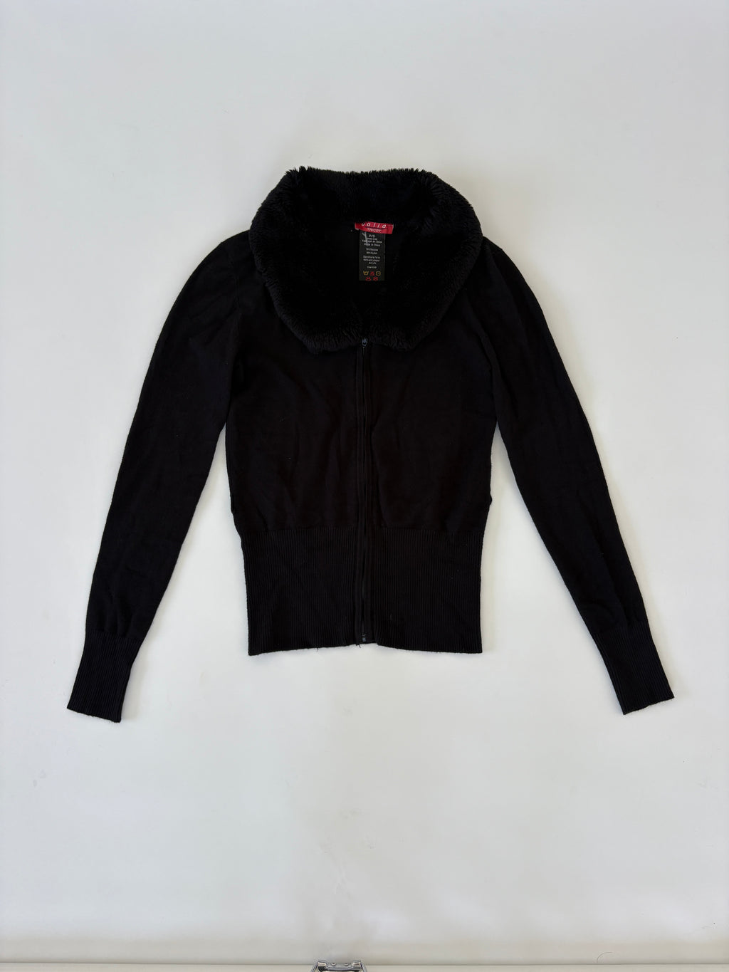 145 / Black Zip-Up Sweater w/ Fur Collar