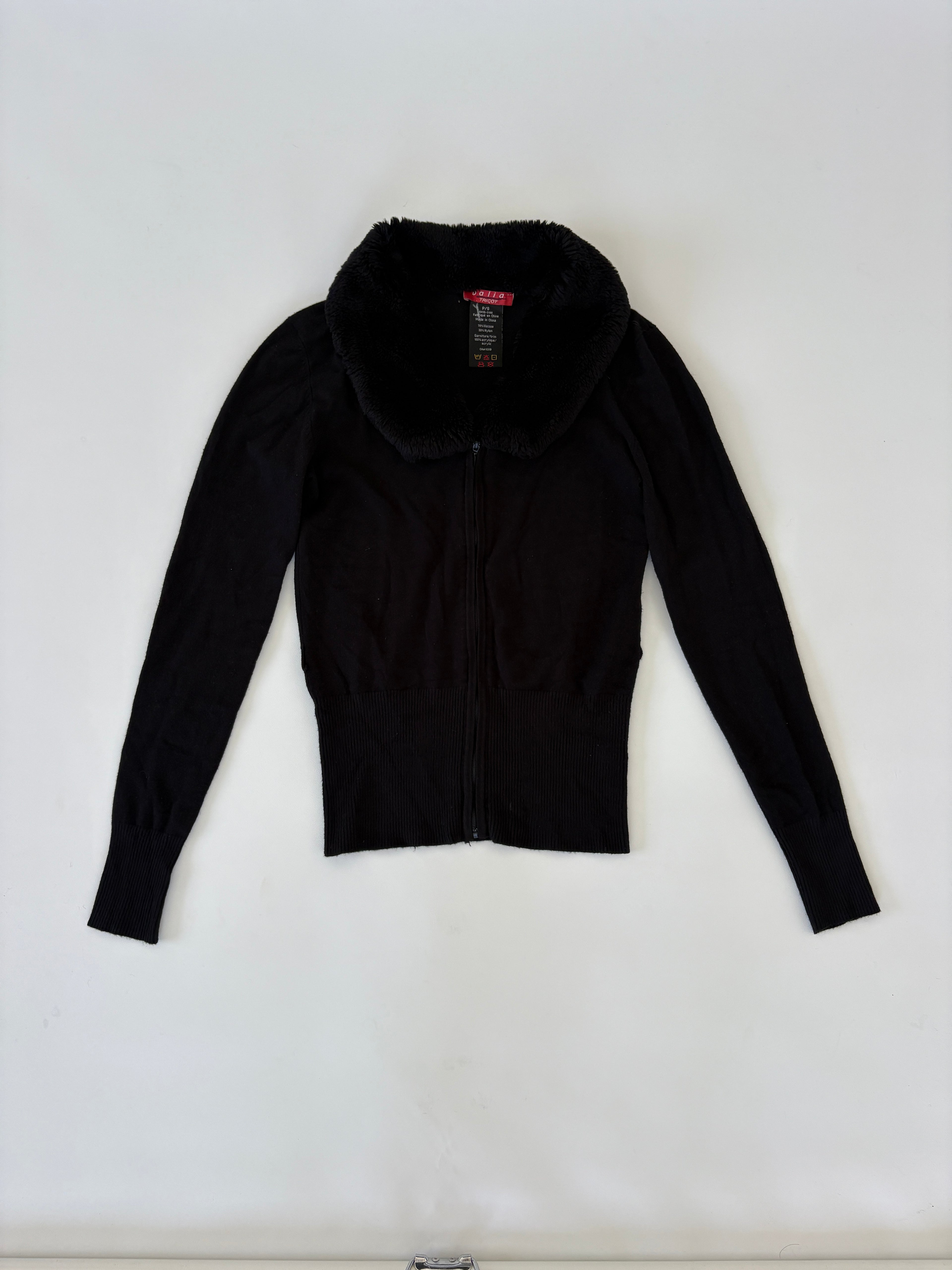 145 / Black Zip-Up Sweater w/ Fur Collar
