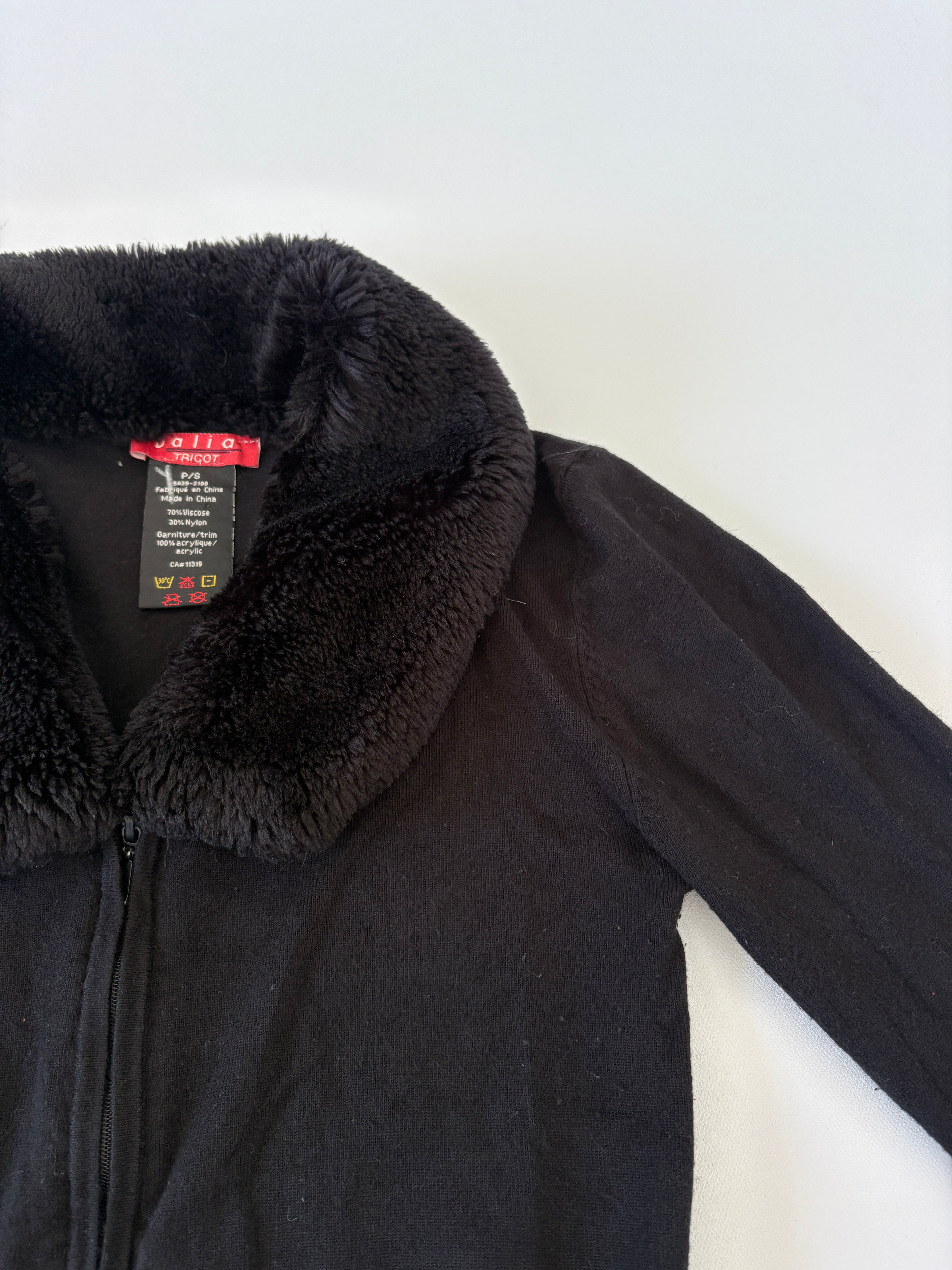 145 / Black Zip-Up Sweater w/ Fur Collar