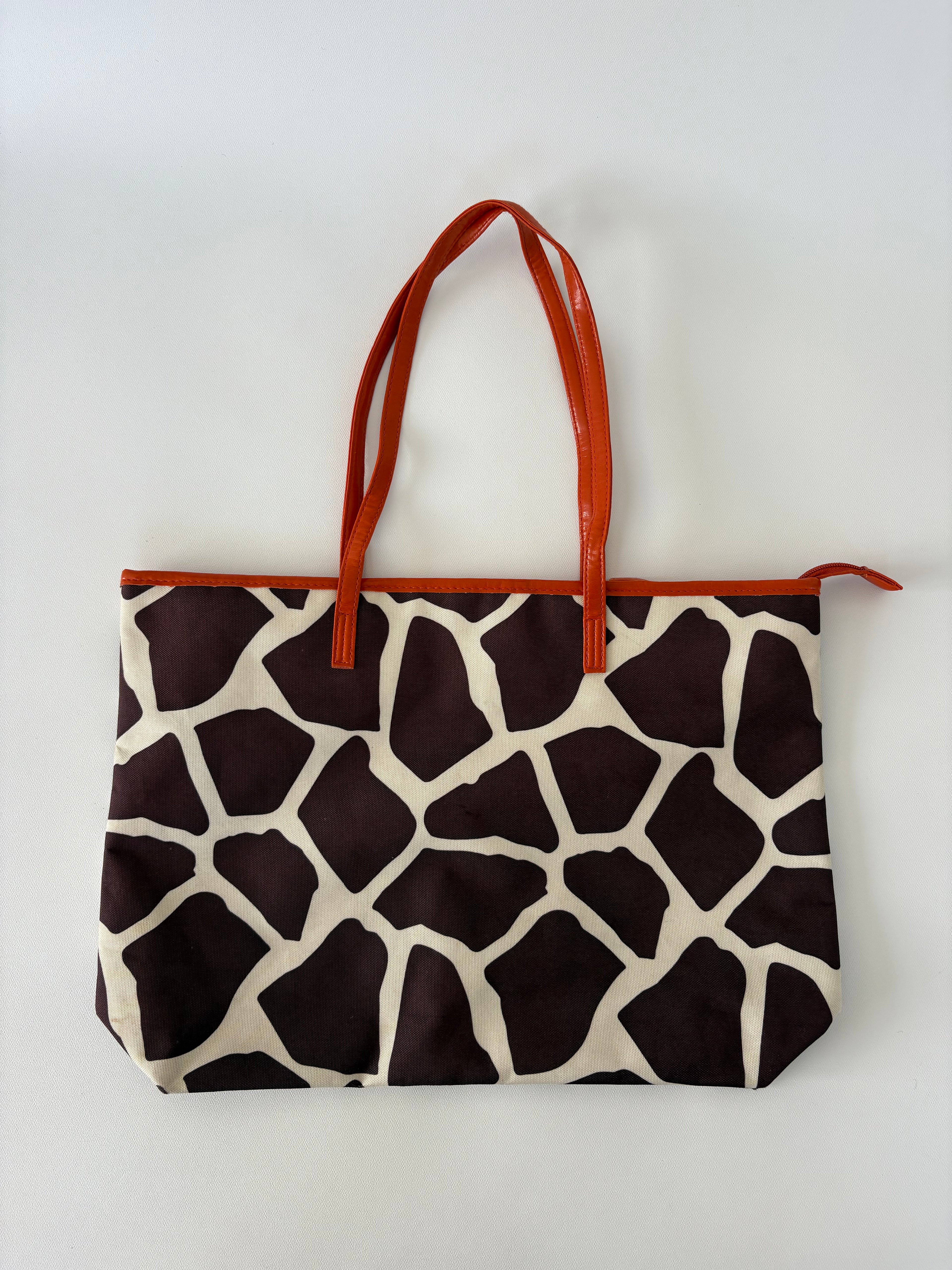 226 / Brown Cow Print Tote w/ Orange Trim