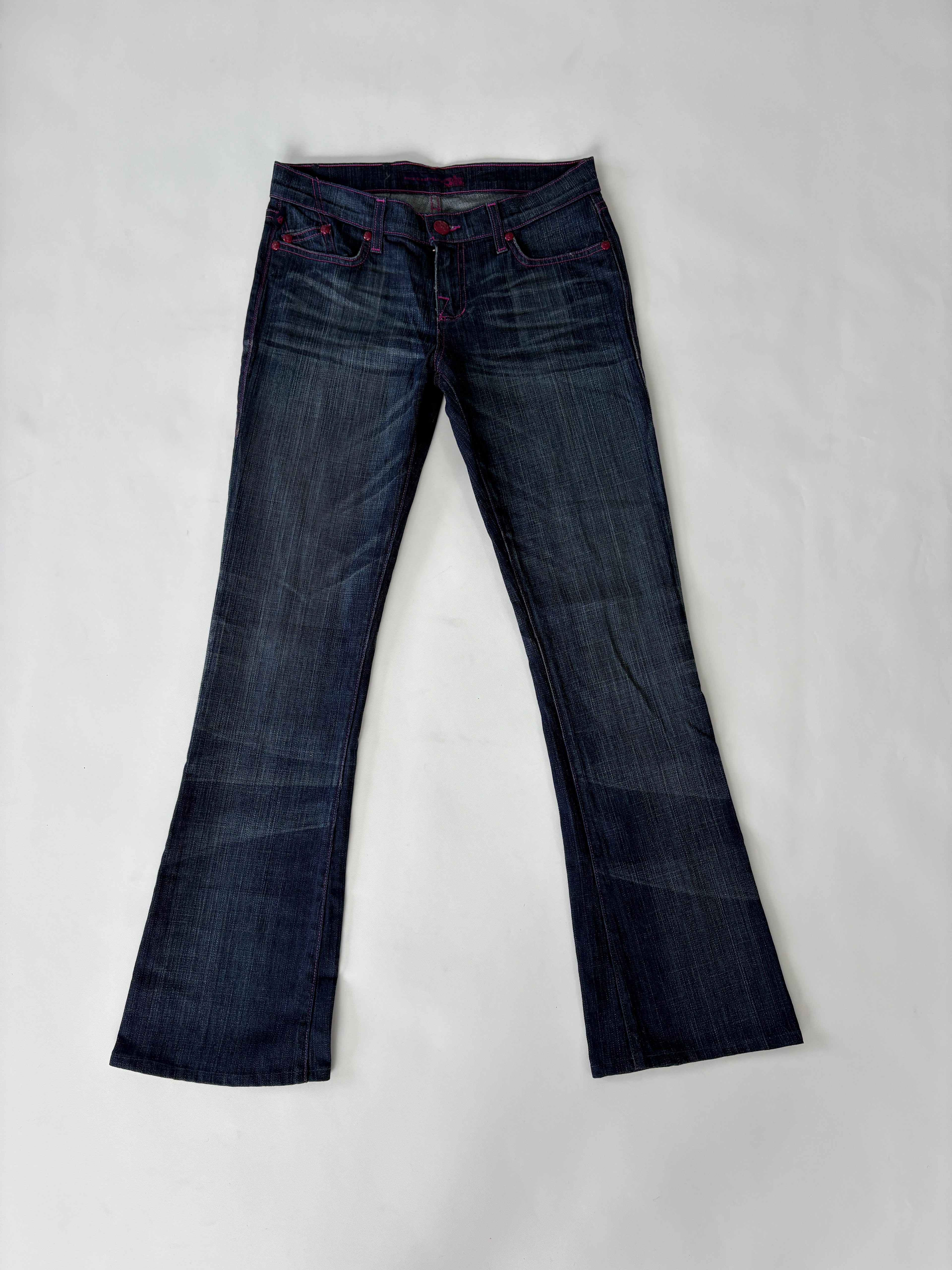 260 / Dark Wash Lowrise Mini Flare Jeans w/ Purple  Bejewelled Crown Pockets