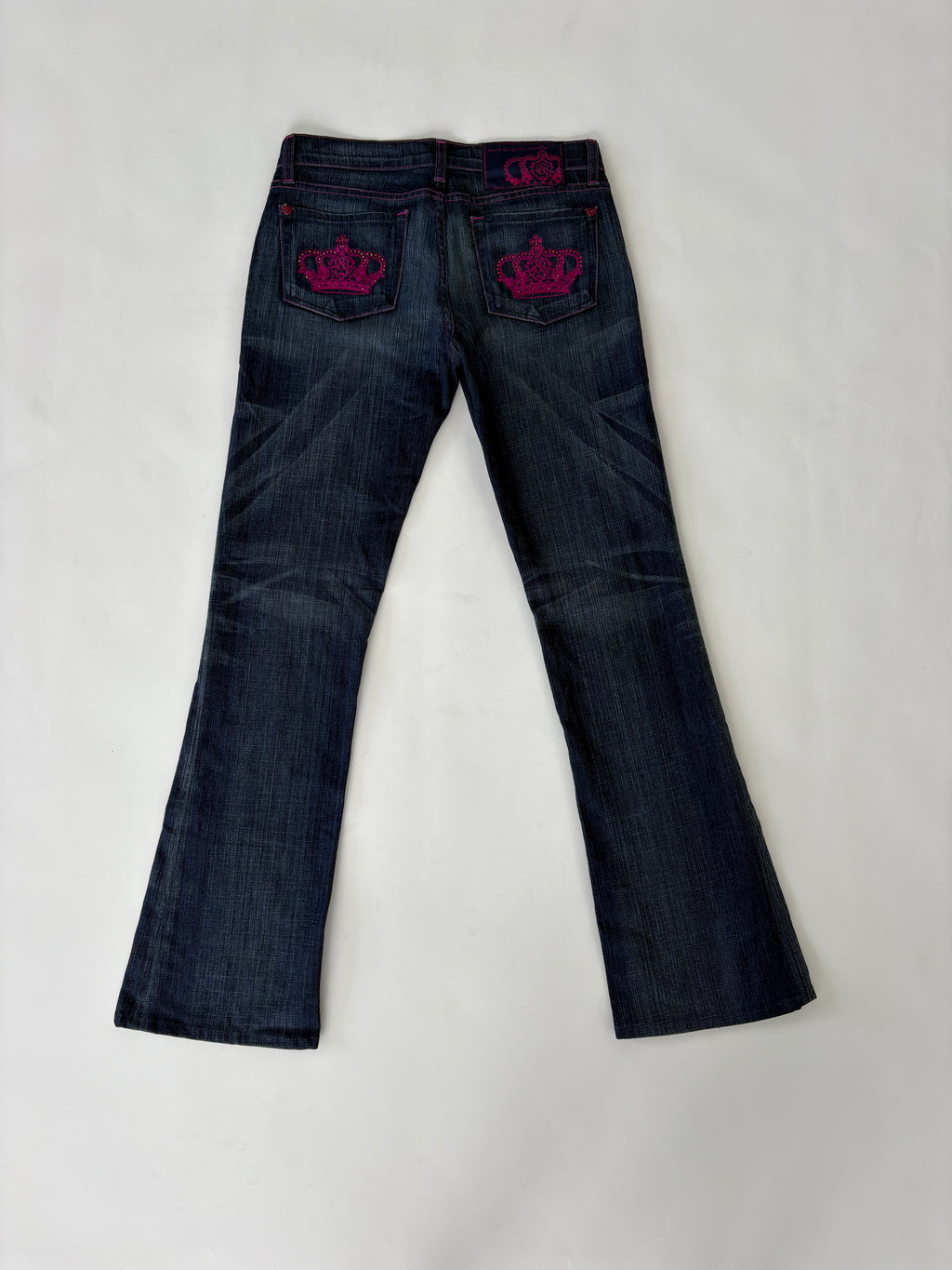 260 / Dark Wash Lowrise Mini Flare Jeans w/ Purple  Bejewelled Crown Pockets