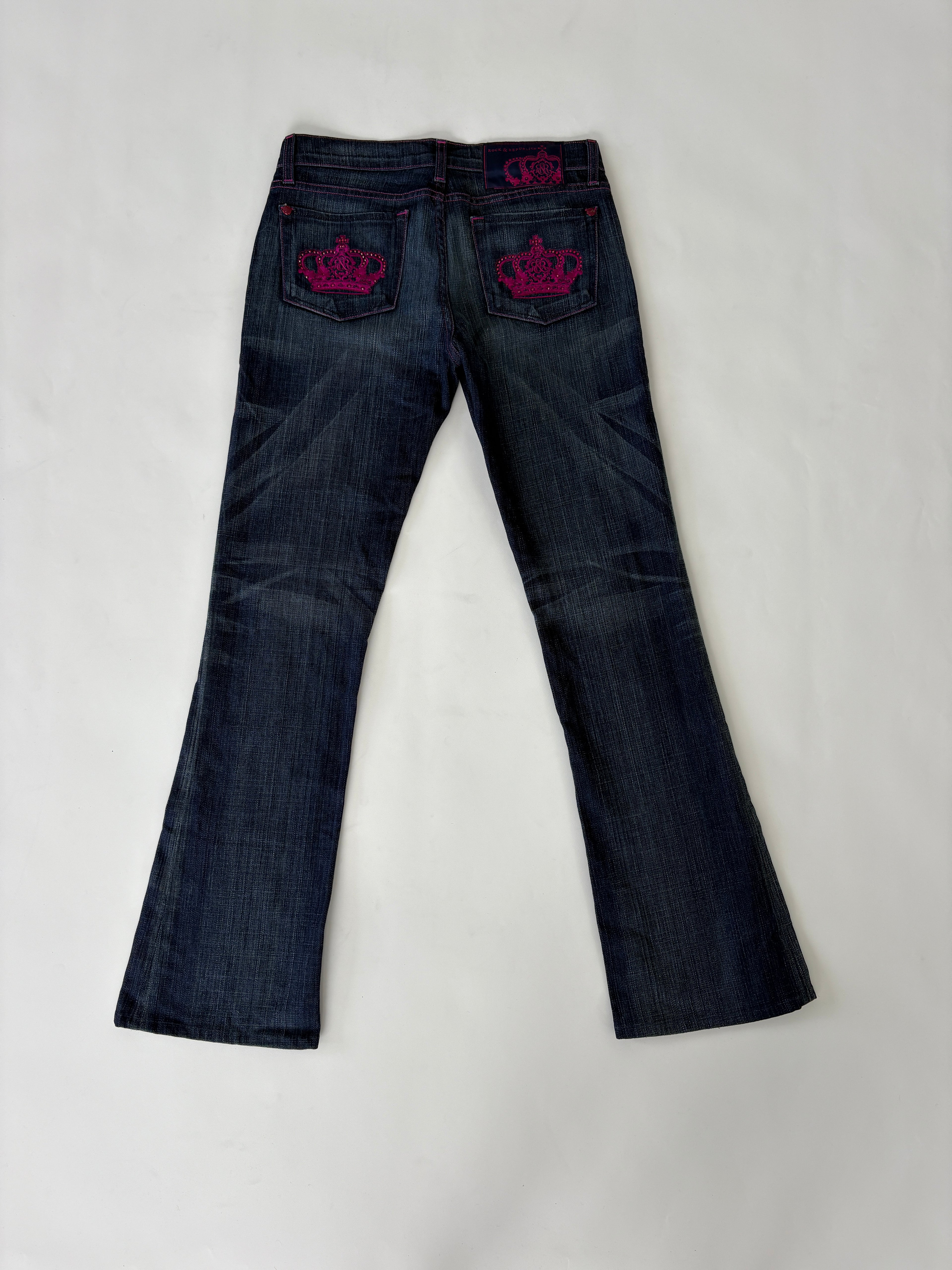 260 / Dark Wash Lowrise Mini Flare Jeans w/ Purple  Bejewelled Crown Pockets