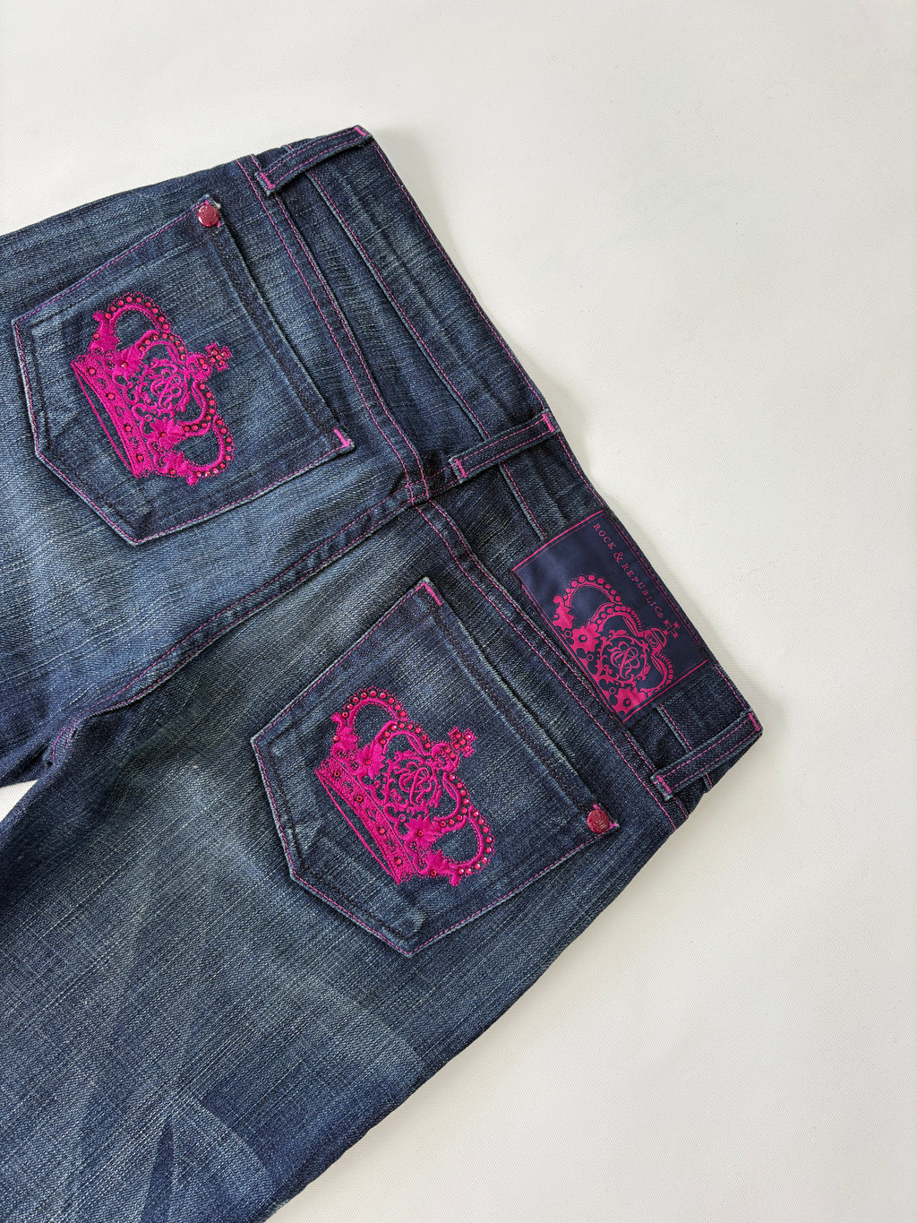 260 / Dark Wash Lowrise Mini Flare Jeans w/ Purple  Bejewelled Crown Pockets