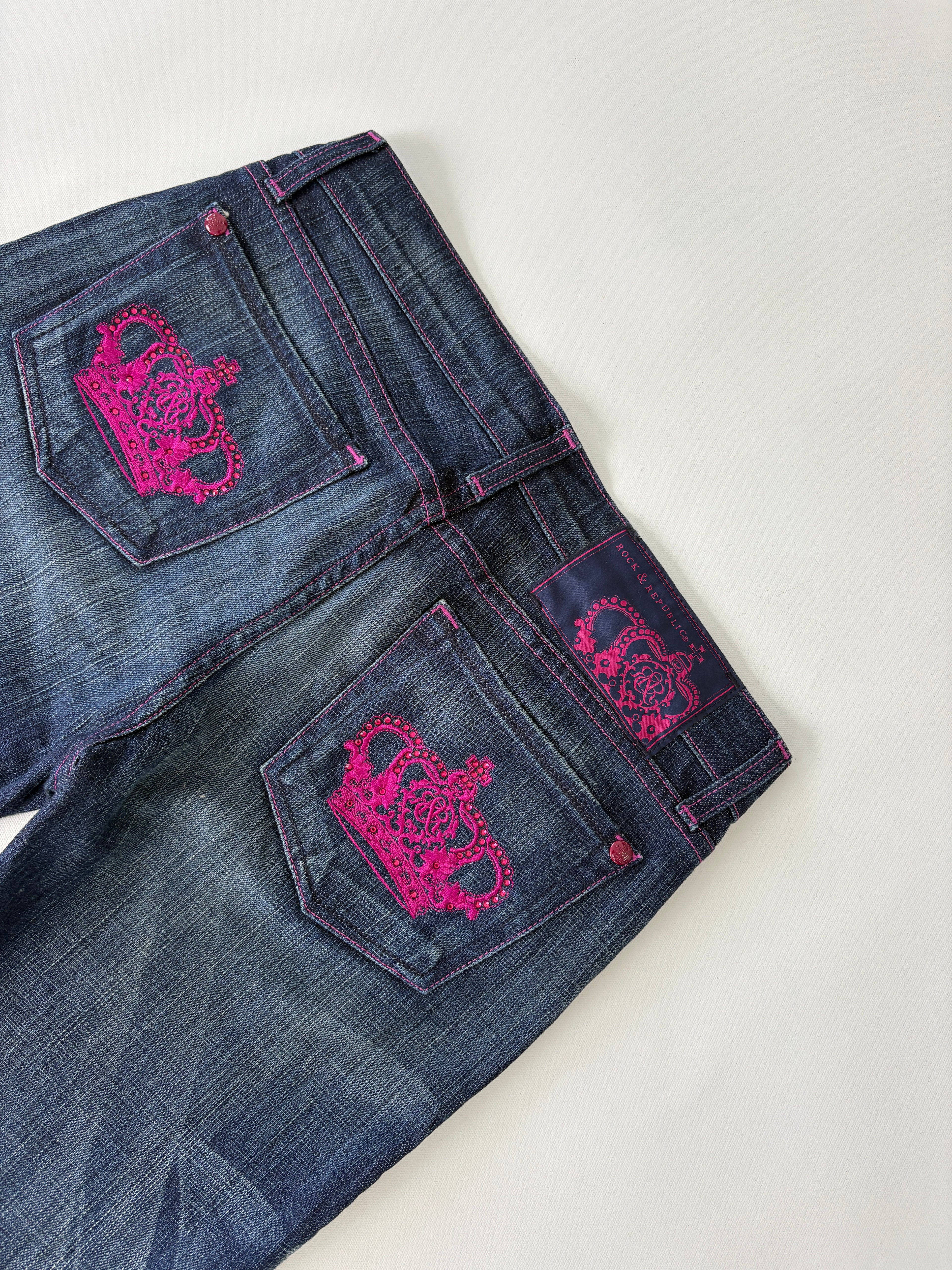 260 / Dark Wash Lowrise Mini Flare Jeans w/ Purple  Bejewelled Crown Pockets