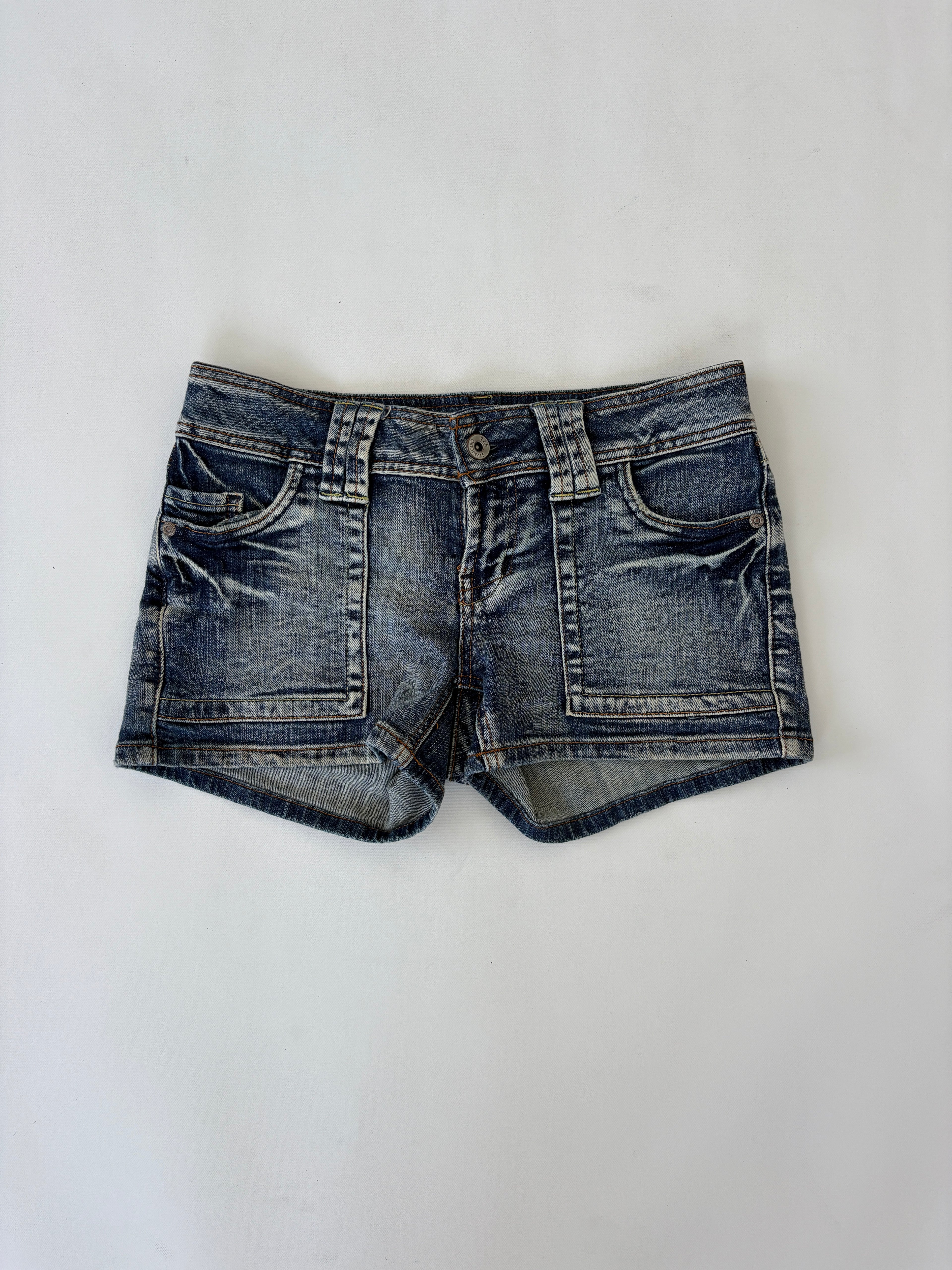 377 / Denim Micro Shorts w/ Green Stitching