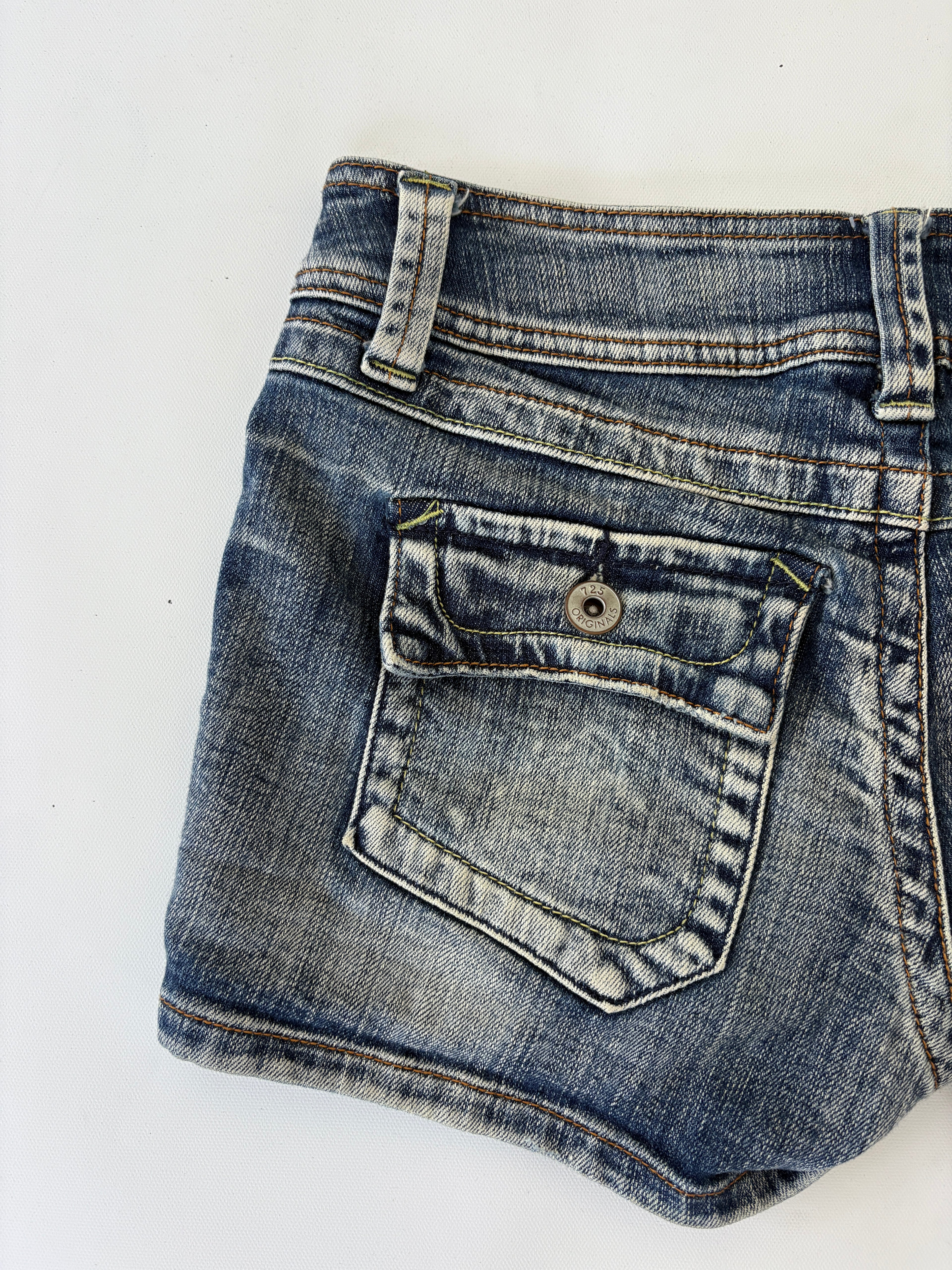 377 / Denim Micro Shorts w/ Green Stitching