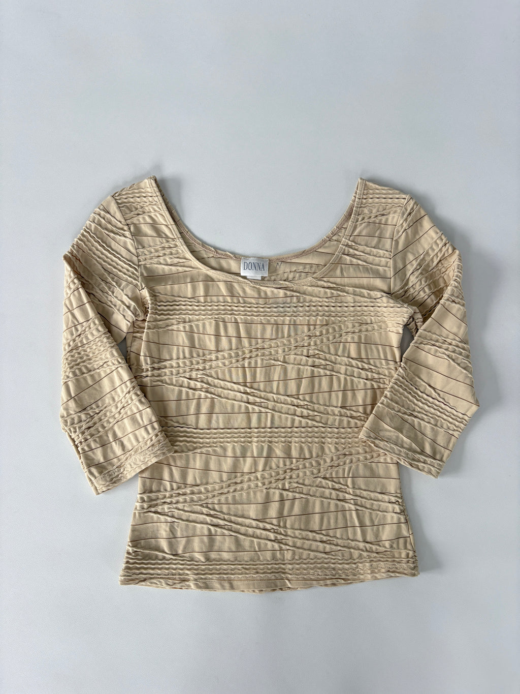 394 / Cream Ribbed & Sheer Striped Quarter Sleeve Top