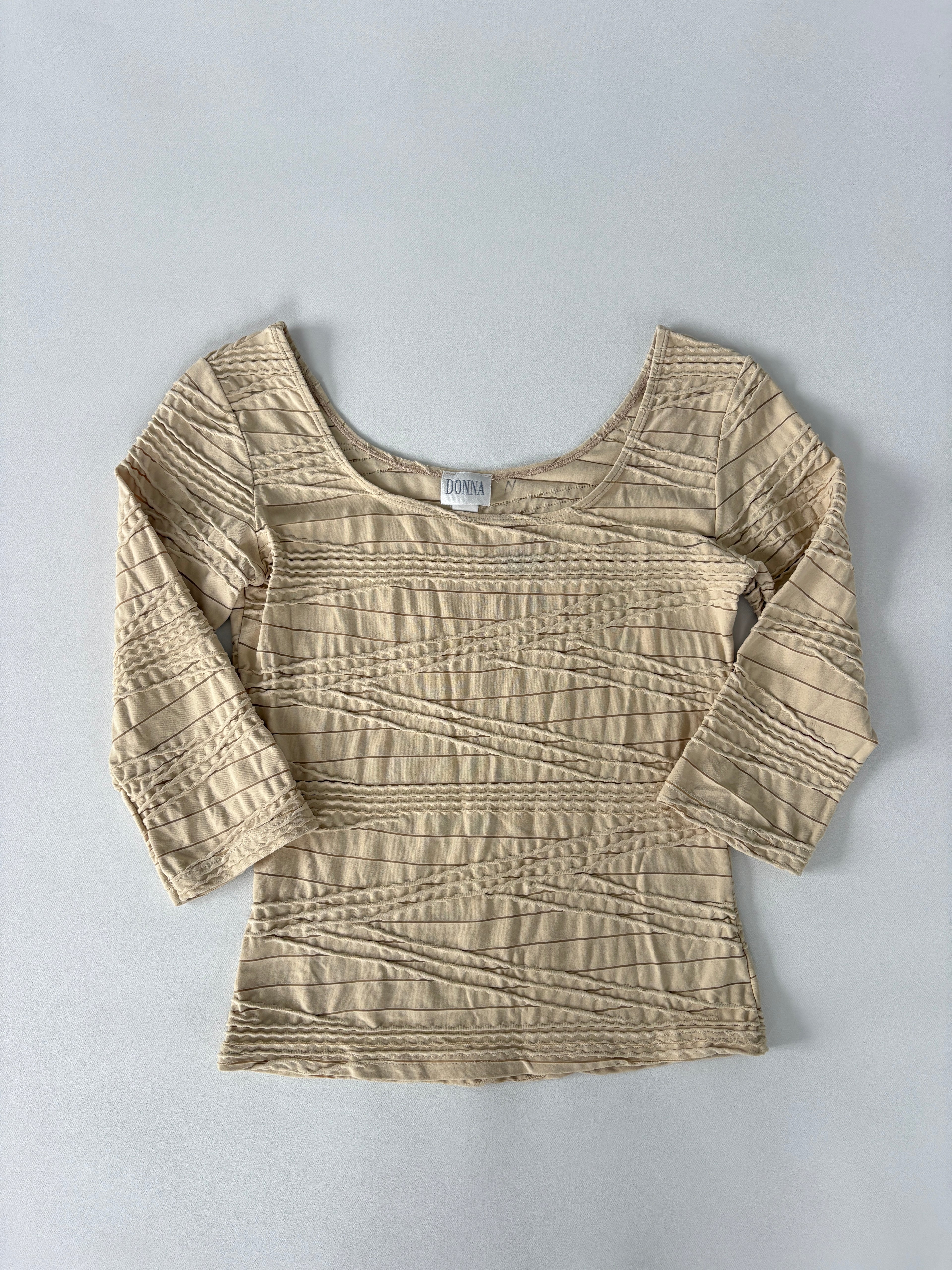 394 / Cream Ribbed & Sheer Striped Quarter Sleeve Top