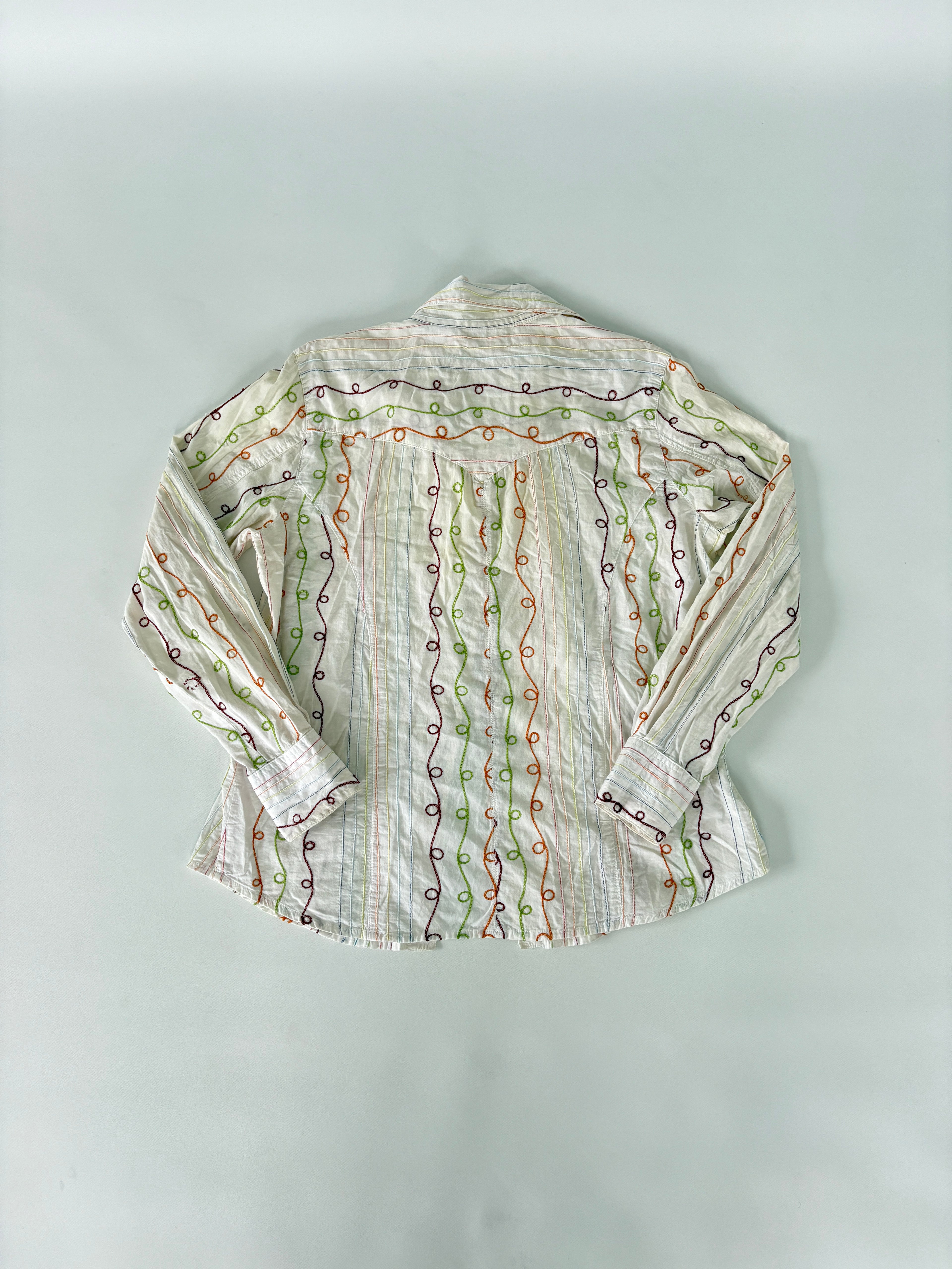 427 / Cream Long Sleeve Pearlescent Button Up Shirt w/ Stiching Details