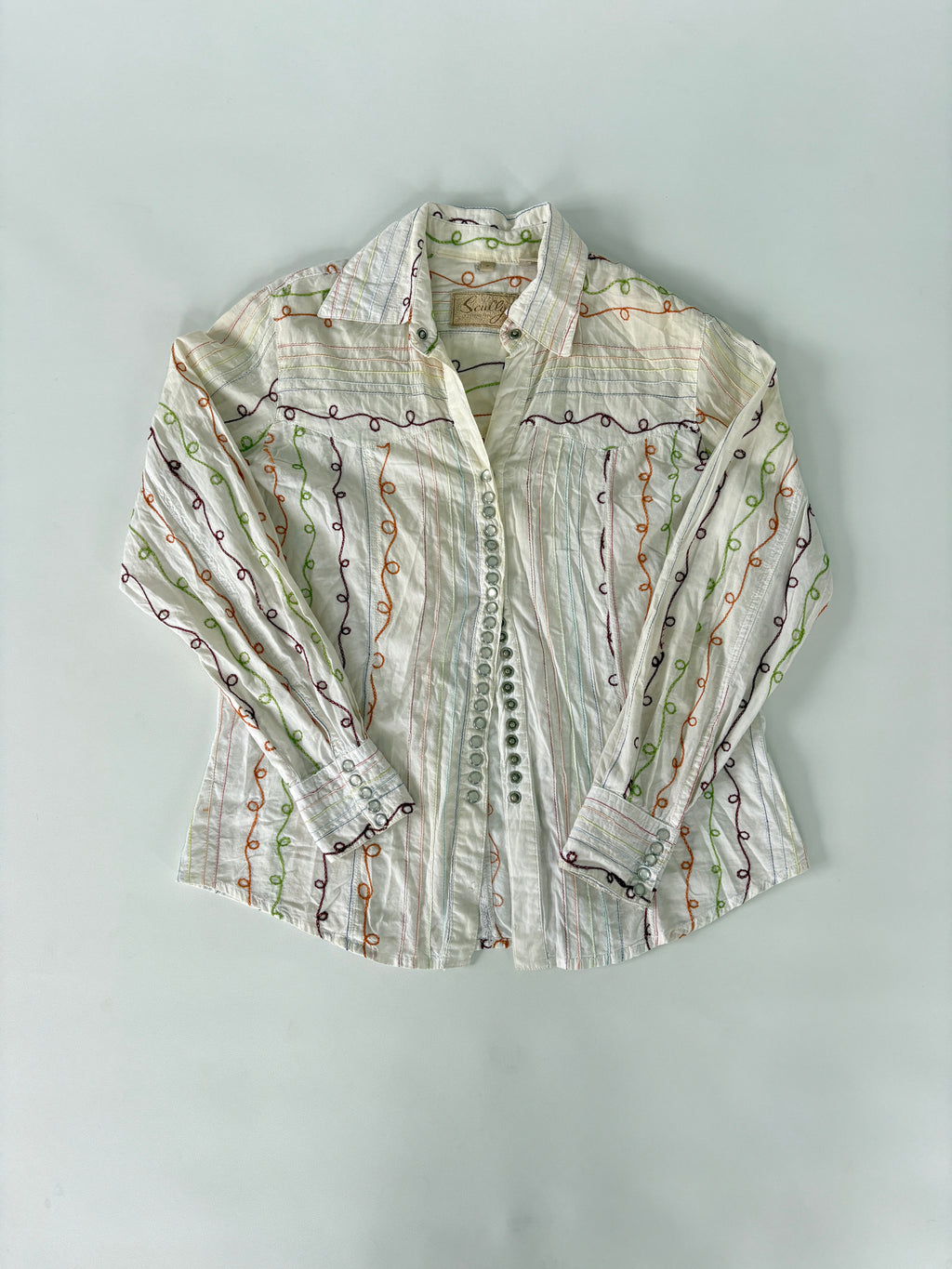 427 / Cream Long Sleeve Pearlescent Button Up Shirt w/ Stiching Details
