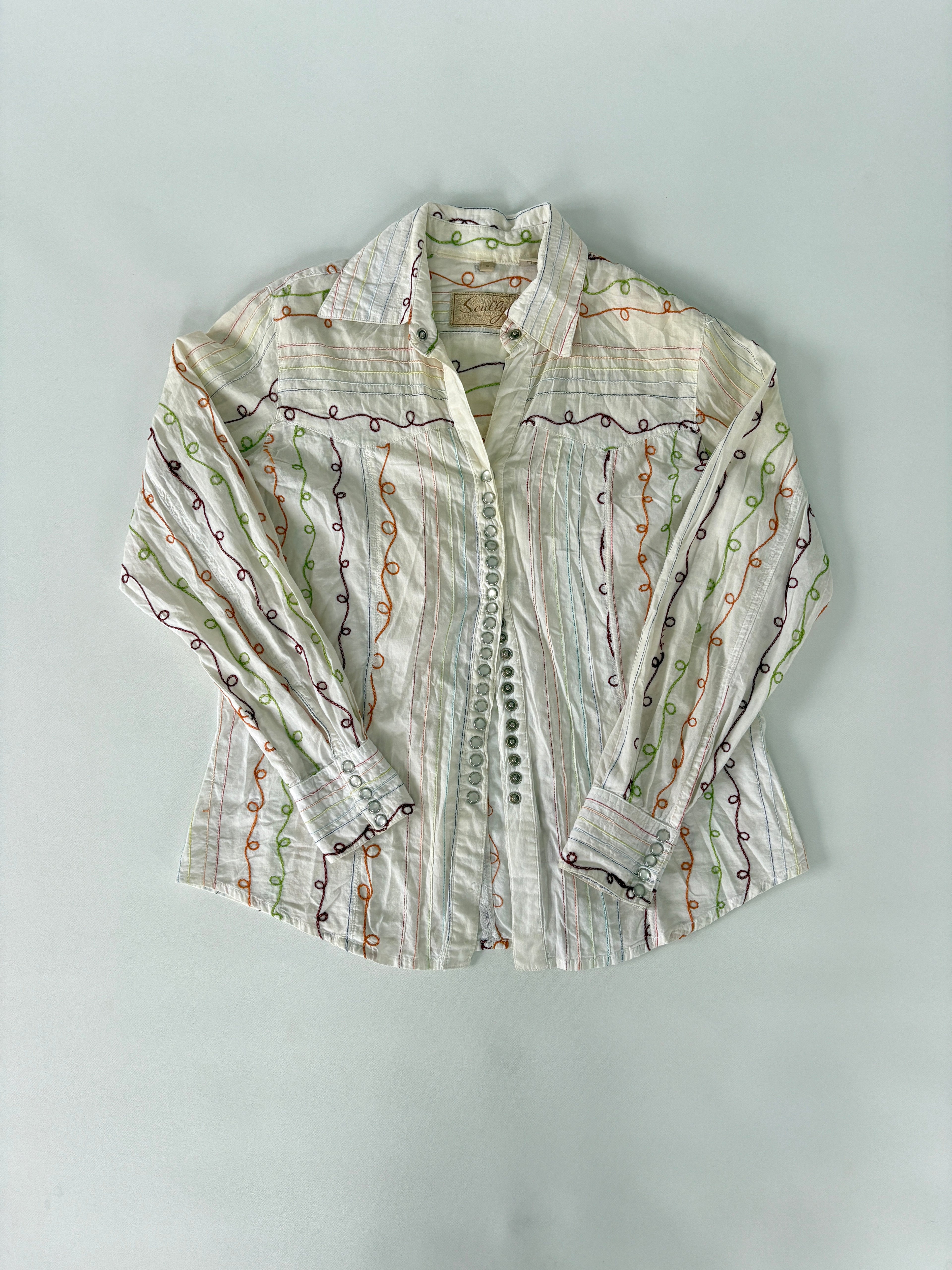 427 / Cream Long Sleeve Pearlescent Button Up Shirt w/ Stiching Details