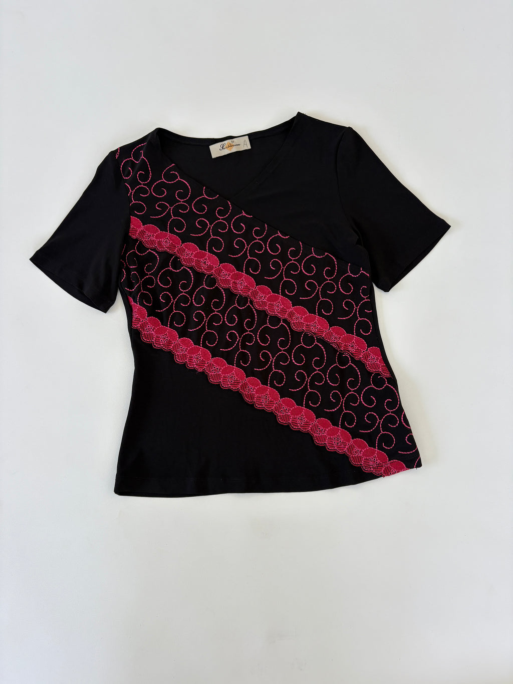 431 / Vintage V-Neck Short Slevee w/ Pink Stitching