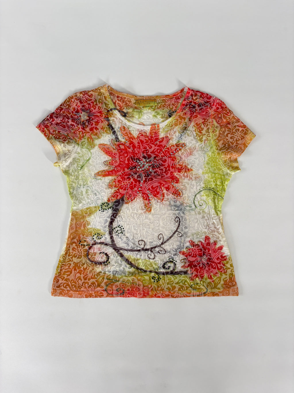 583 / Multicoloured Floral Graphic T-shirt w/ Rhinestones