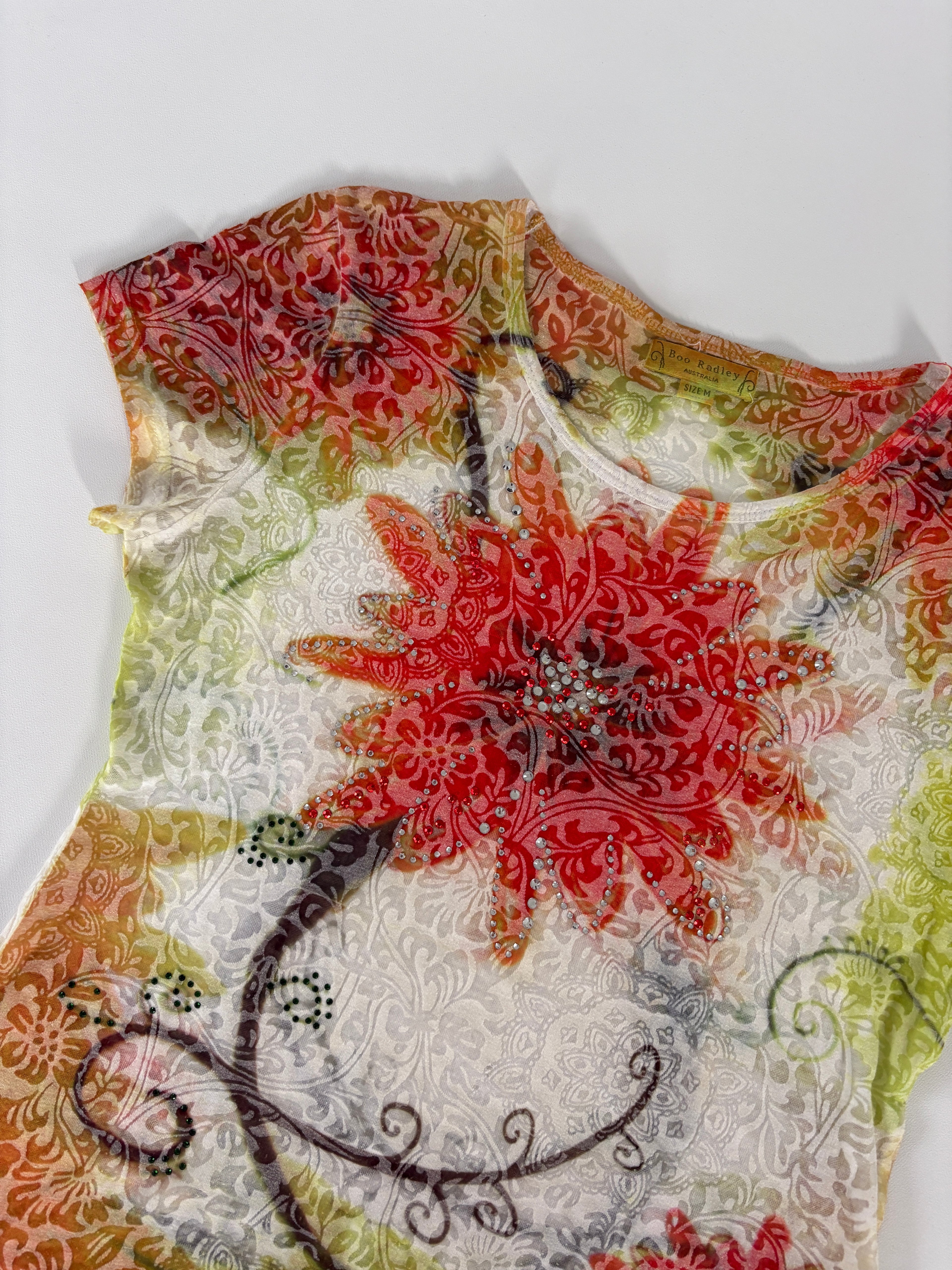 583 / Multicoloured Floral Graphic T-shirt w/ Rhinestones