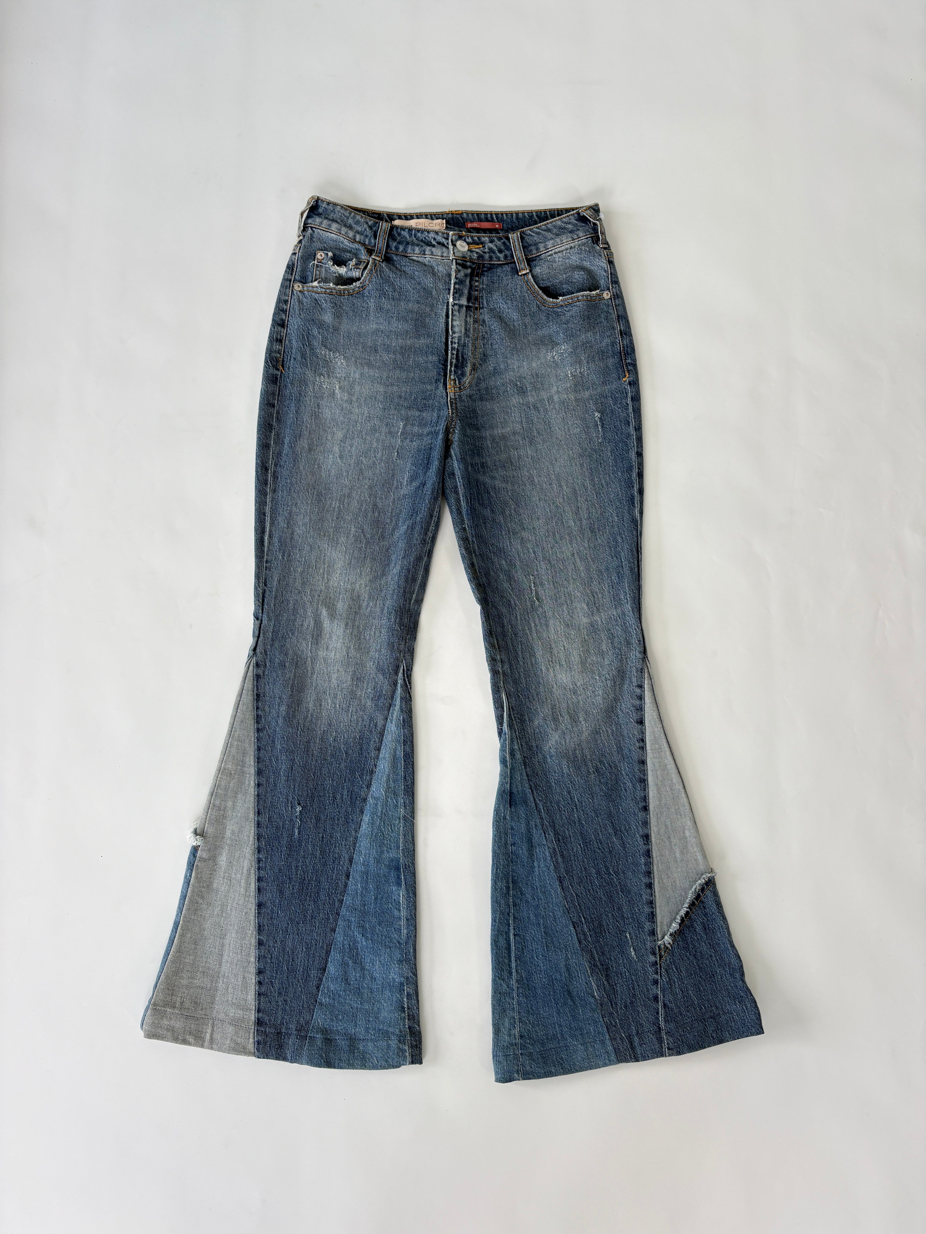 588 / Multi-tone Denim Patchwork Bell Bottom Jeans