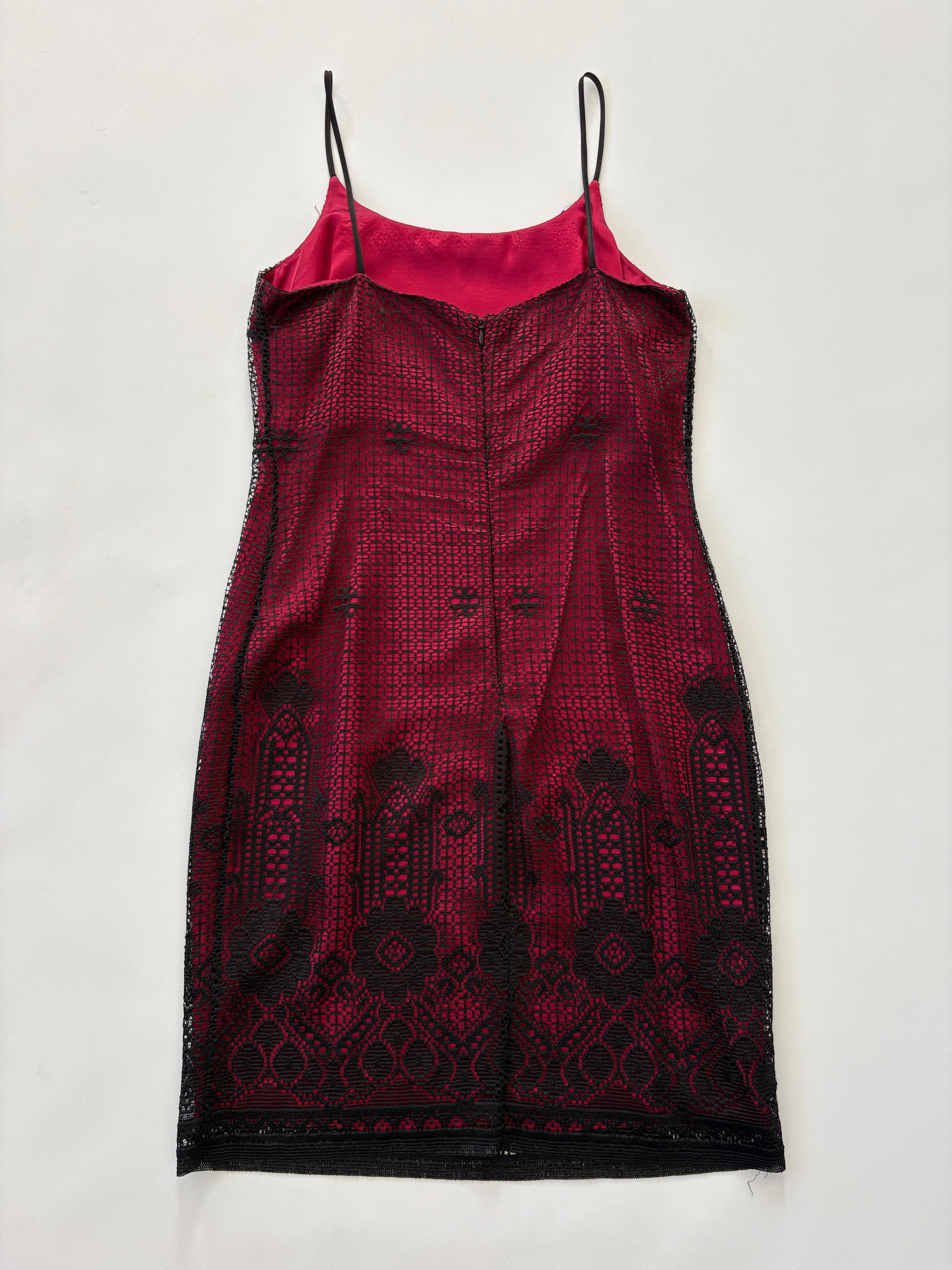598 / Vintage Red Dress w/ Black Overlay