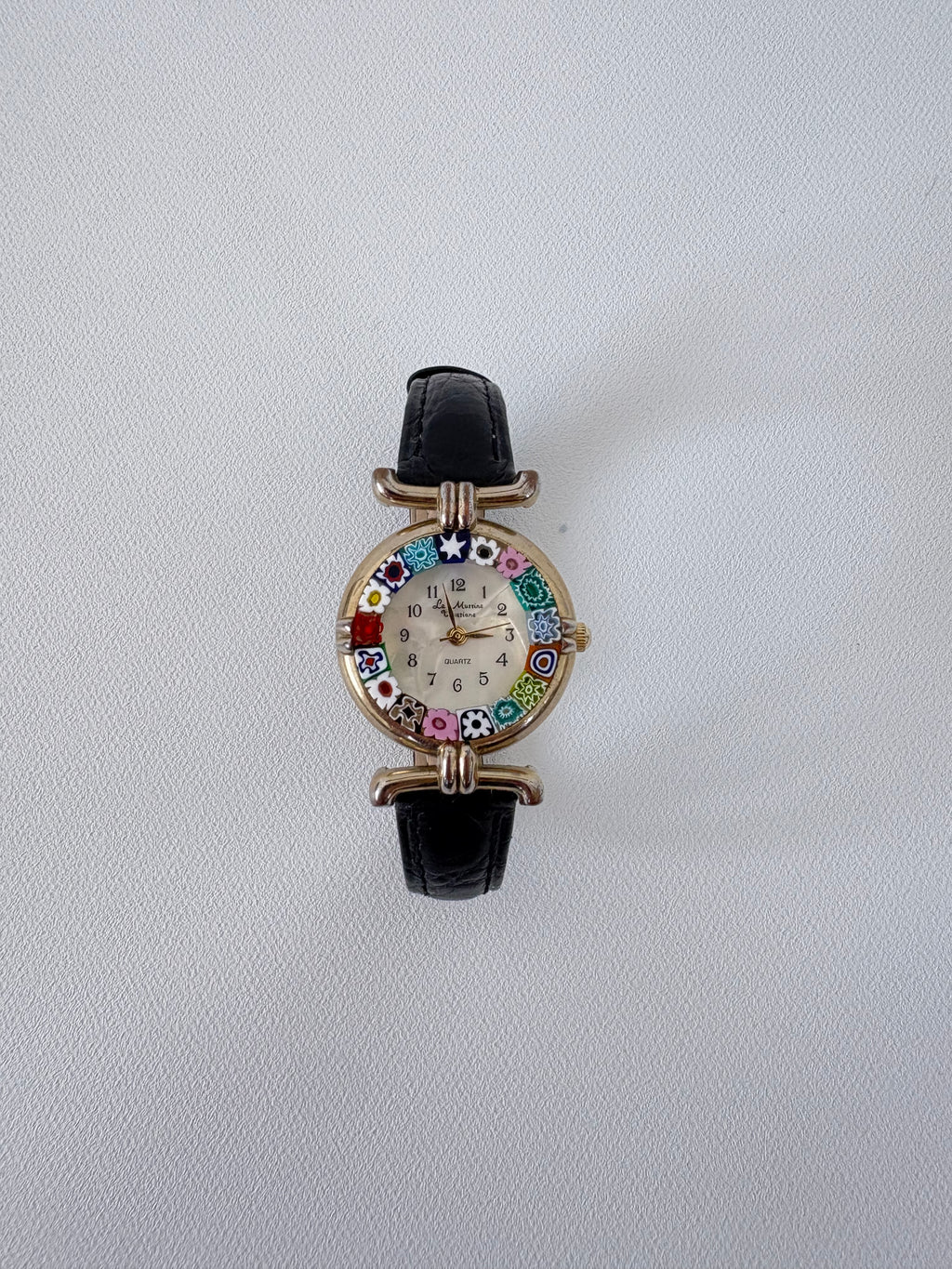 617 / Thin Black Leather Watch w/ Floral Face
