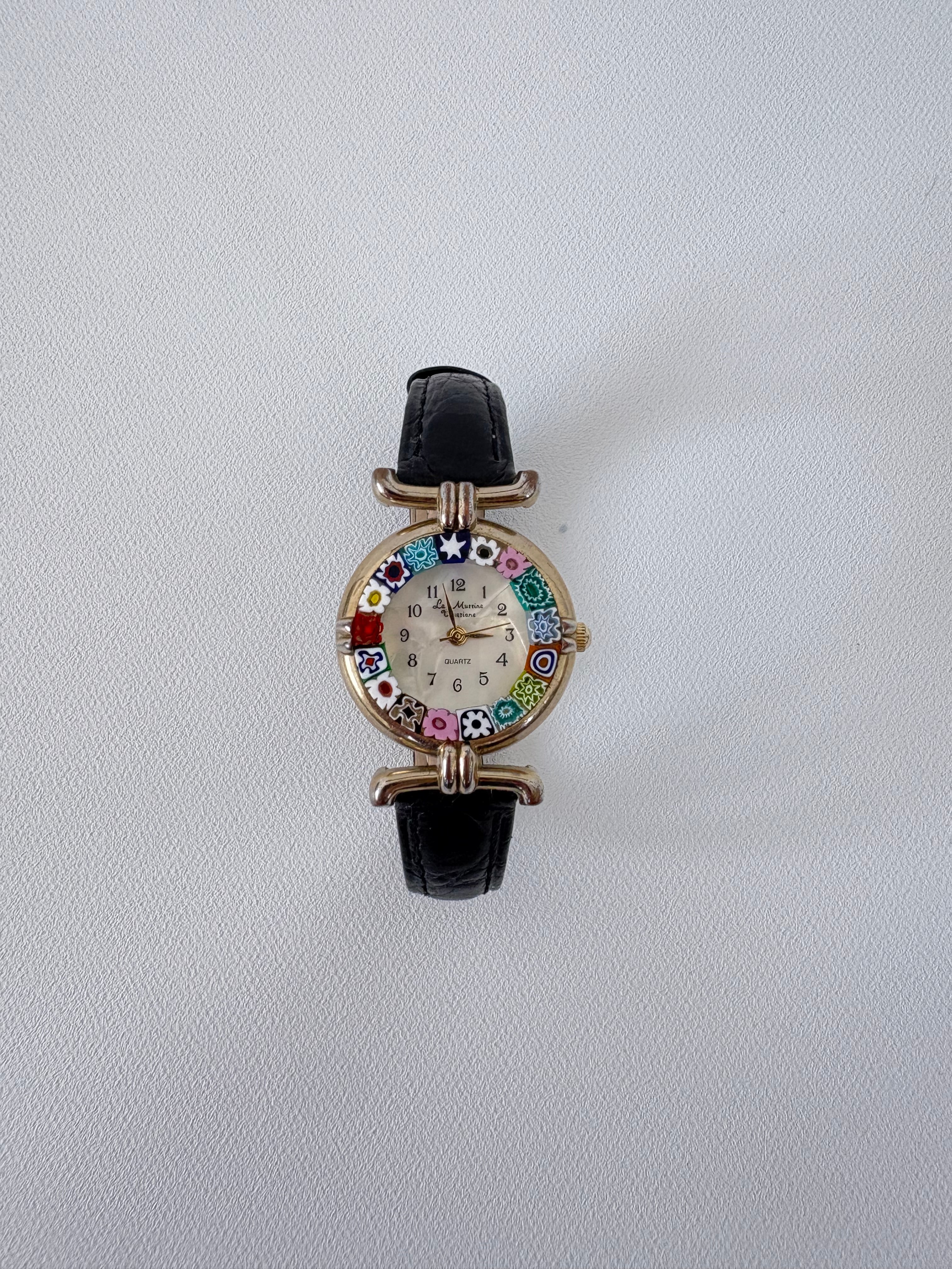 617 / Thin Black Leather Watch w/ Floral Face