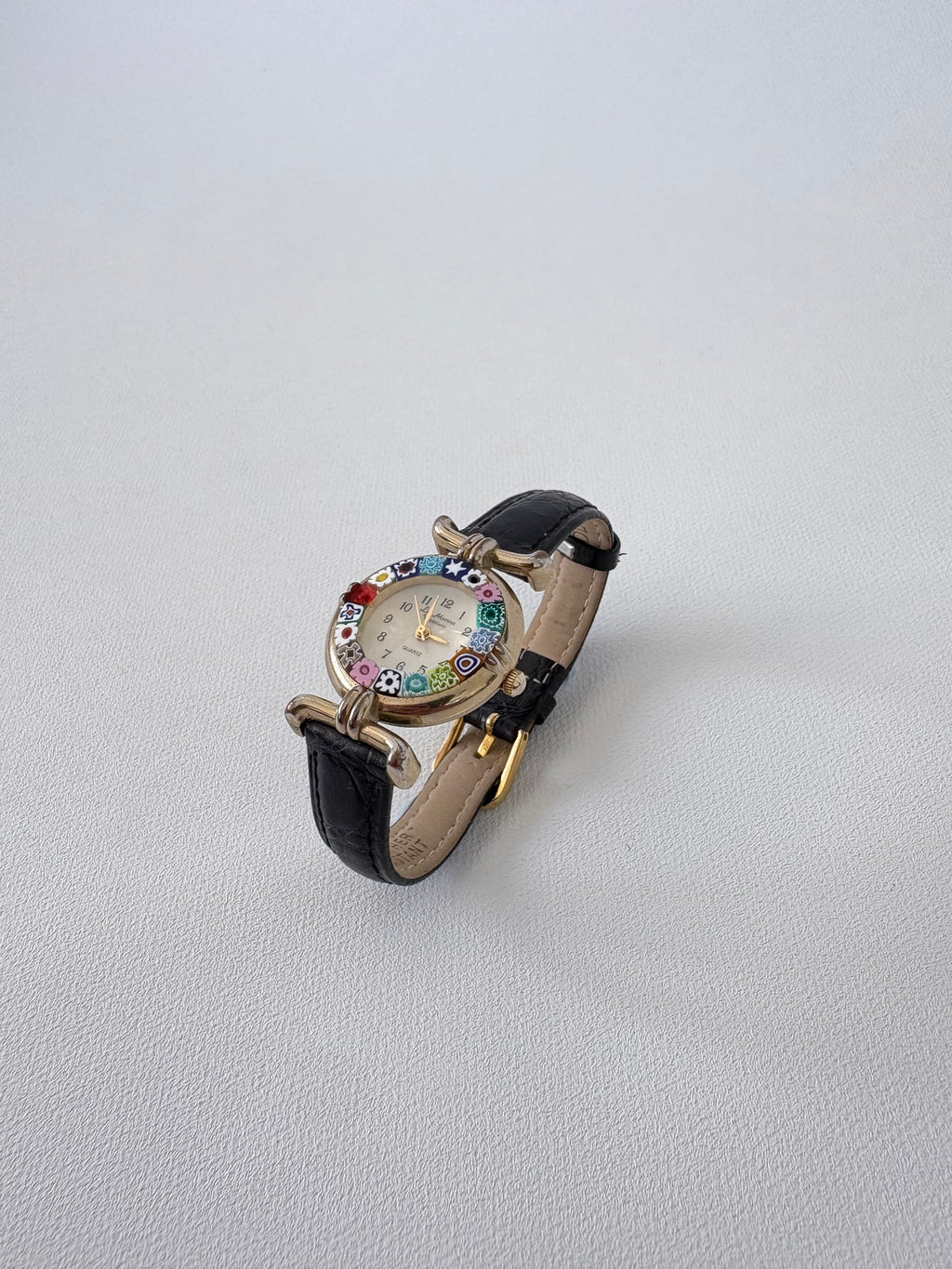 617 / Thin Black Leather Watch w/ Floral Face