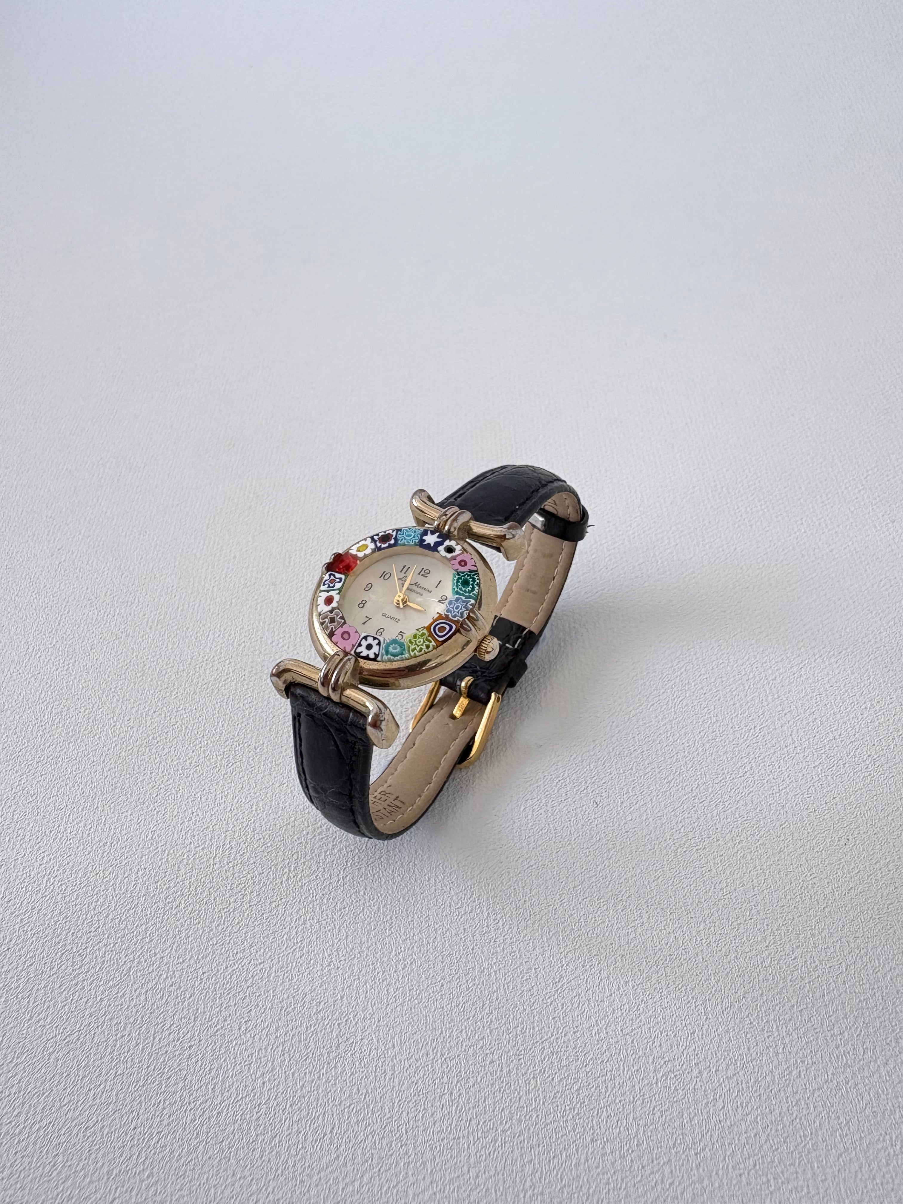 617 / Thin Black Leather Watch w/ Floral Face