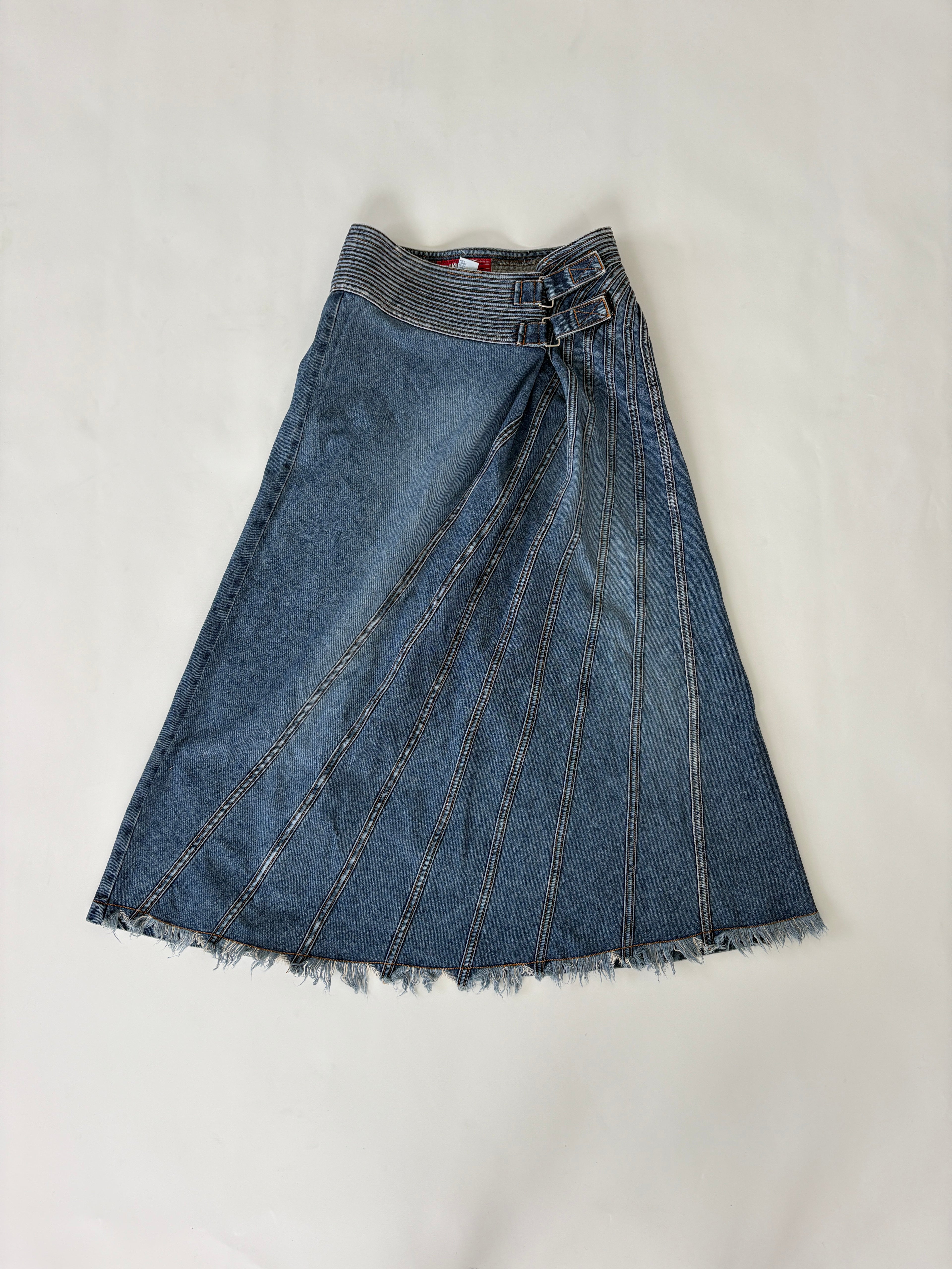 🔒 863 / Denim Maxi Skirt w/ Pleats and Velcro Waistband
