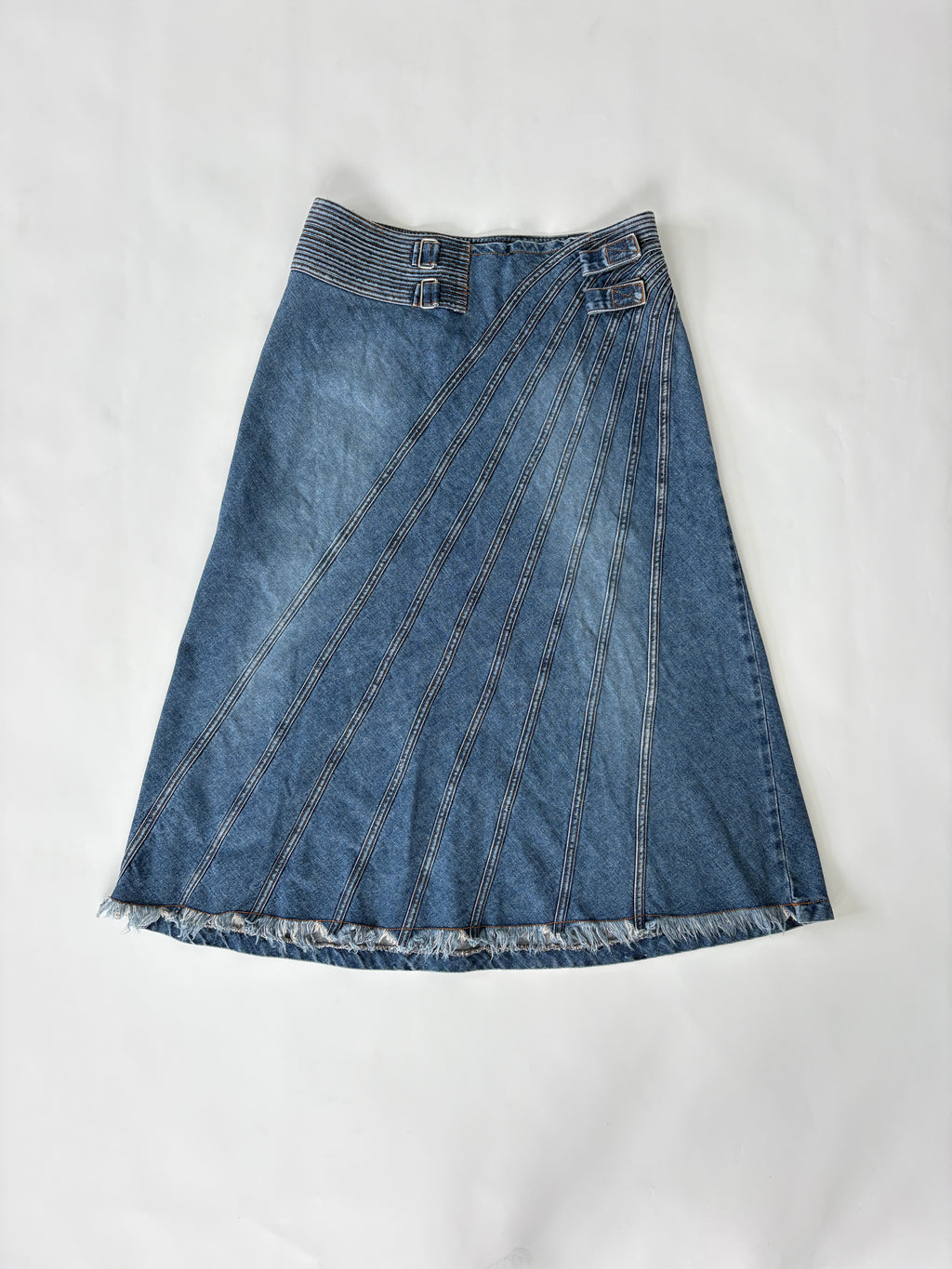 🔒 863 / Denim Maxi Skirt w/ Pleats and Velcro Waistband