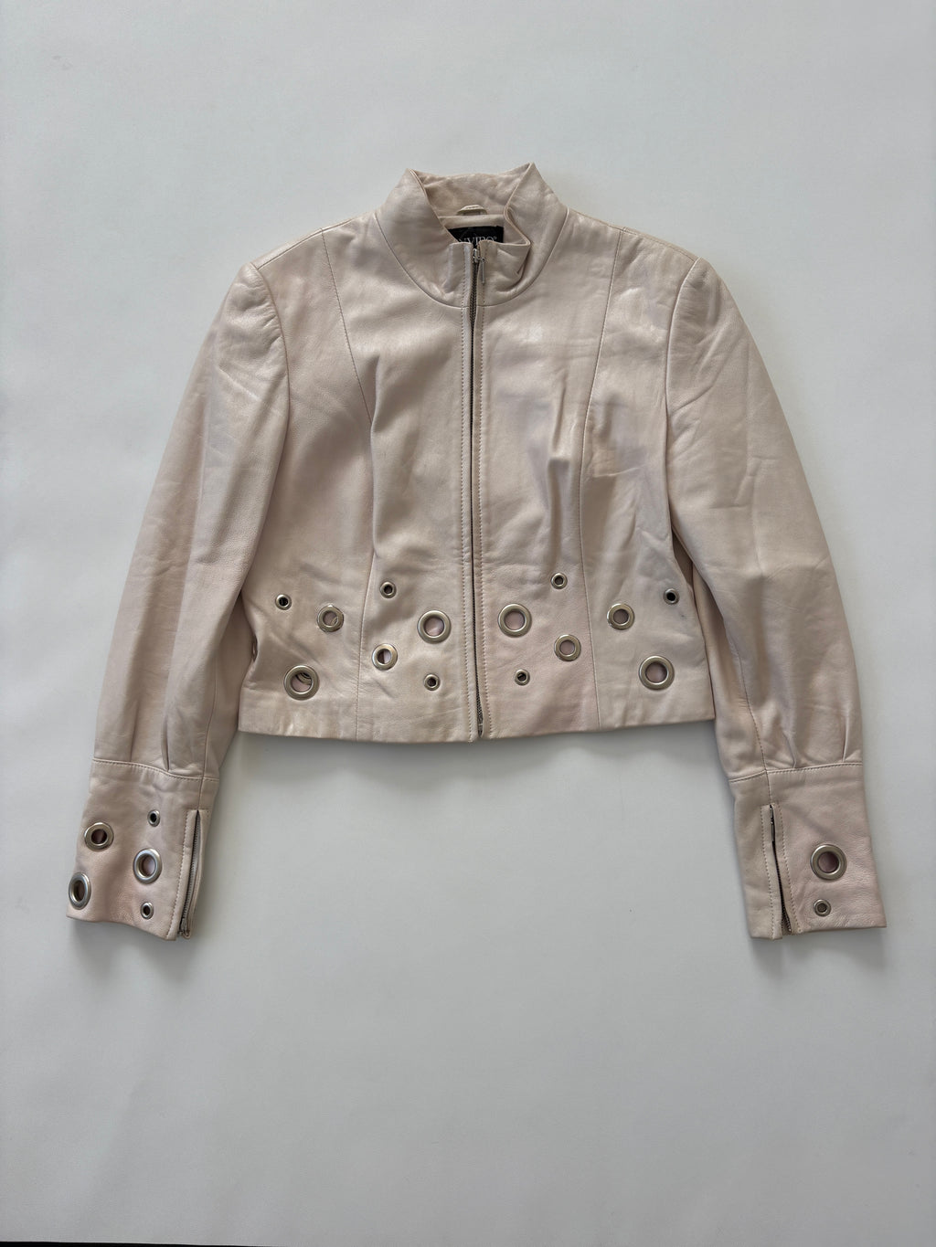🔒 1003 / Vintage Cream Leather Jacket with Grommet Details