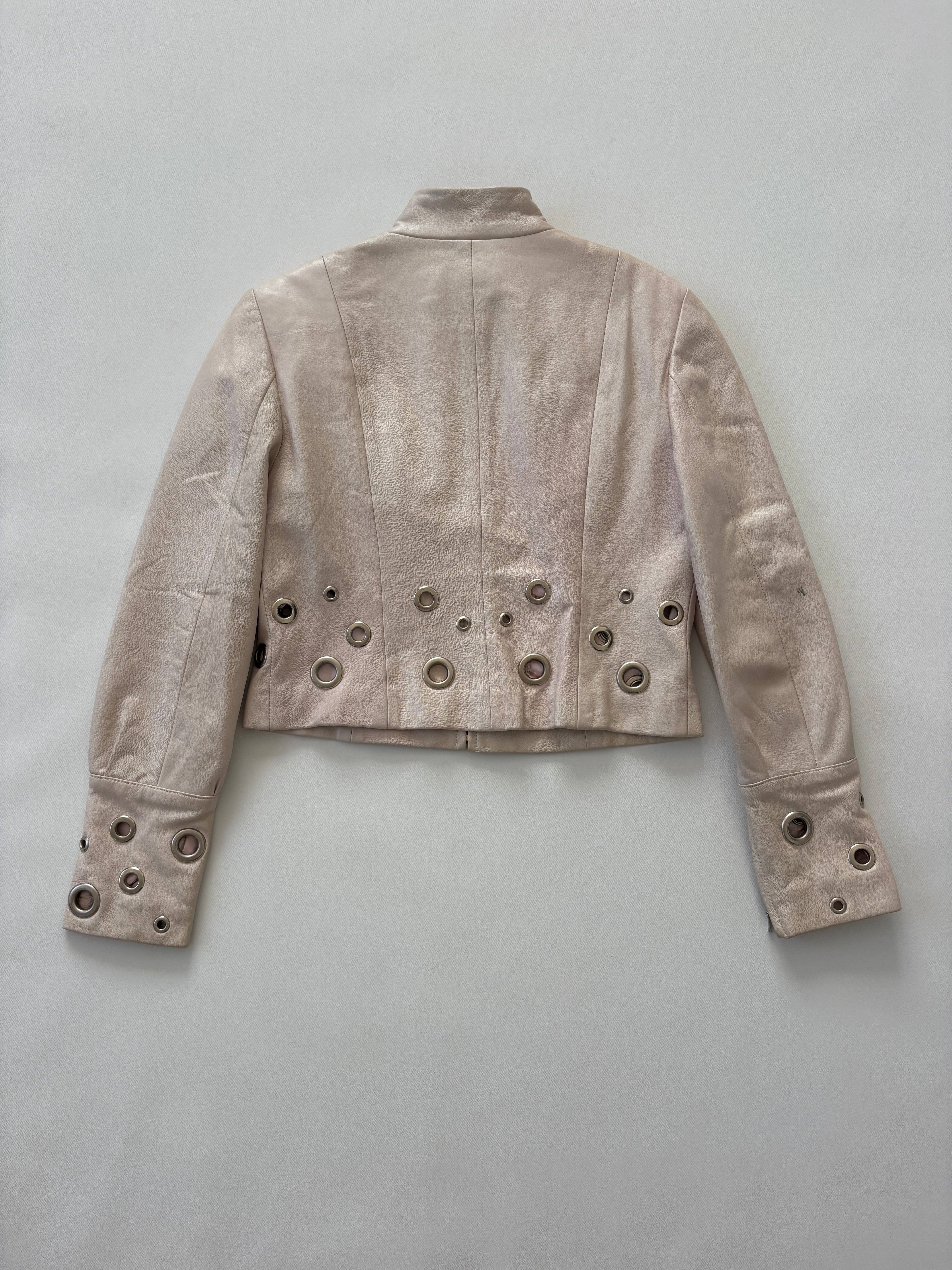 🔒 1003 / Vintage Cream Leather Jacket with Grommet Details