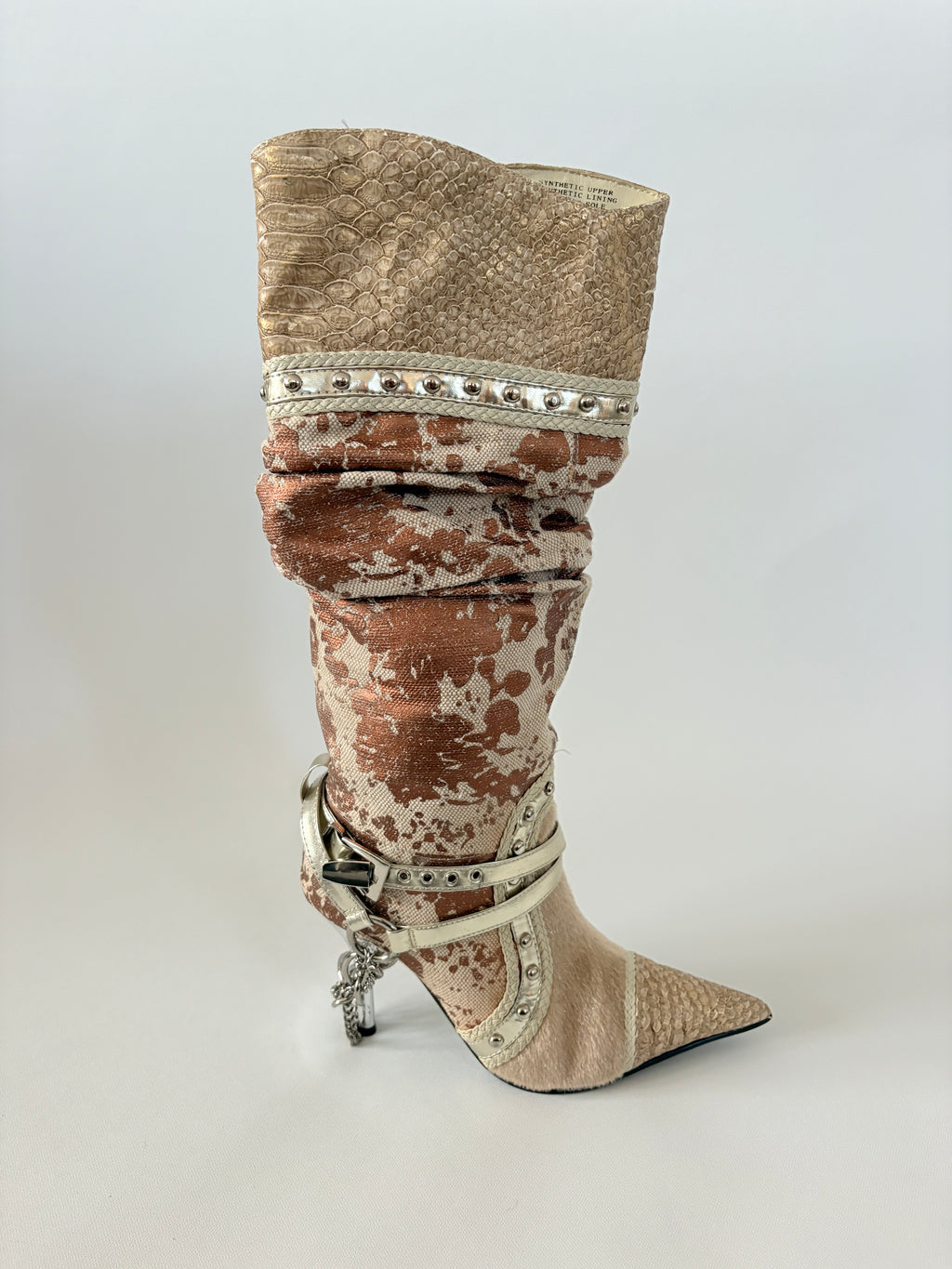 1026 / Multi Print Brown Boots w/ Stud & Chain Details