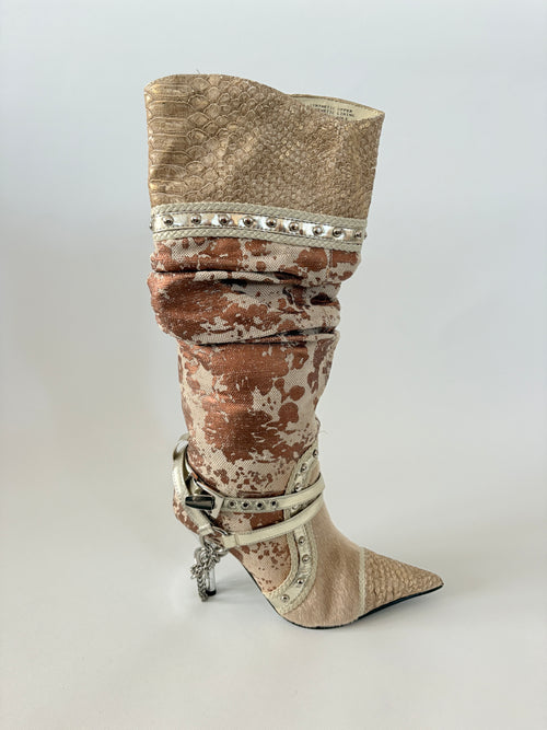 1026 / Multi Print Brown Boots w/ Stud & Chain Details