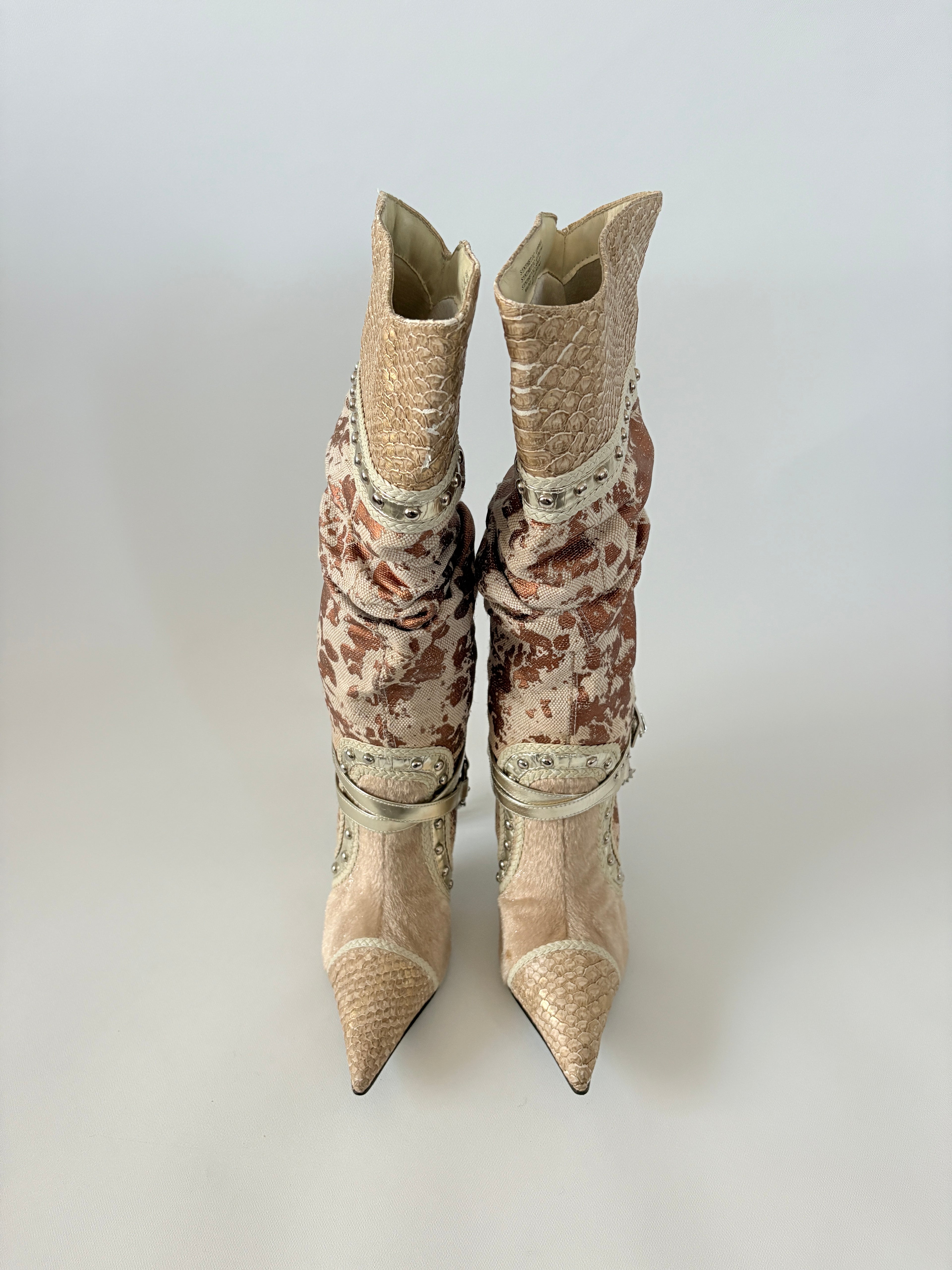 1026 / Multi Print Brown Boots w/ Stud & Chain Details