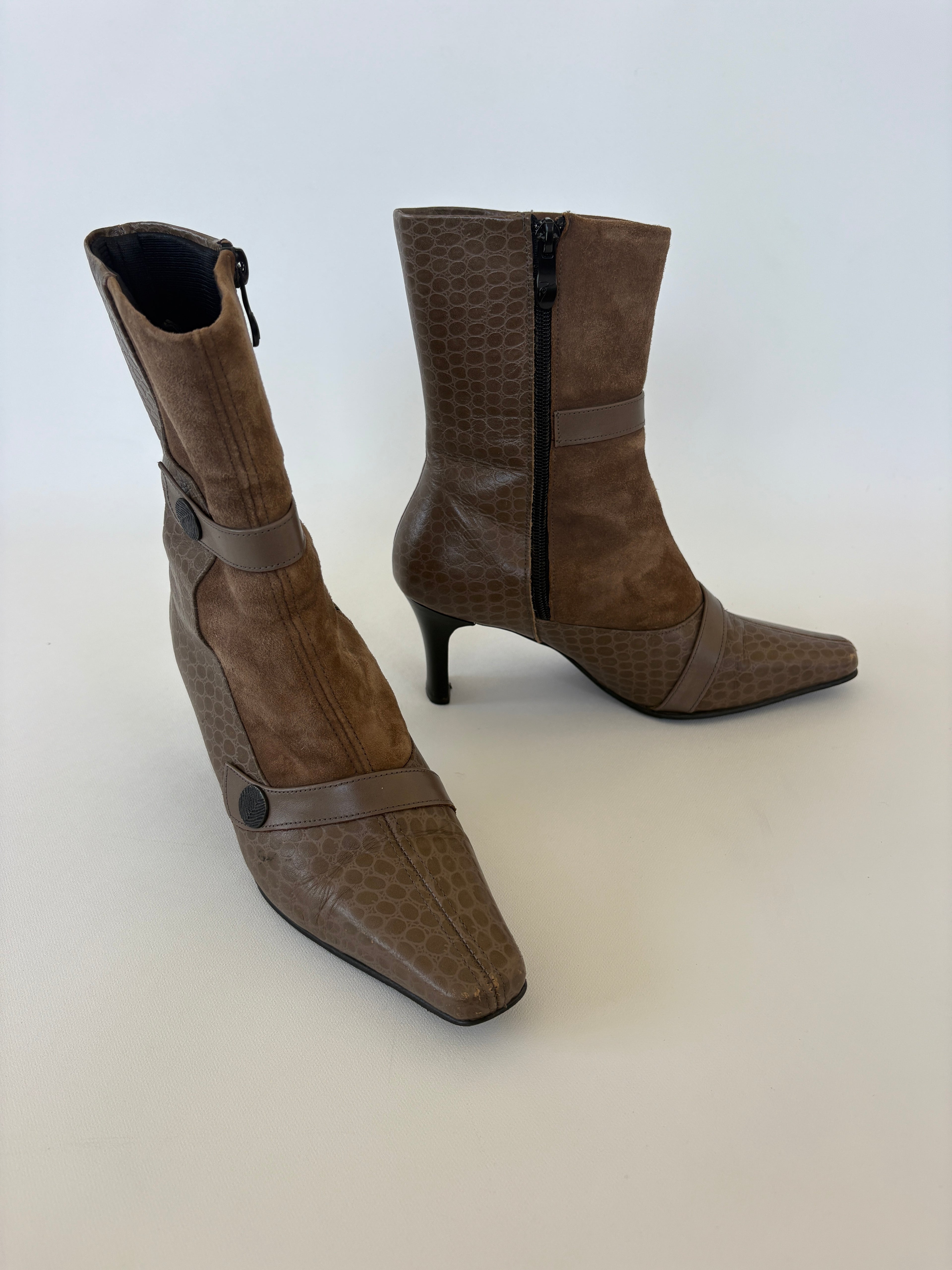 🔒 1172 / Brown Suede & Animal Print Square-toe Pointed Ankle Boots