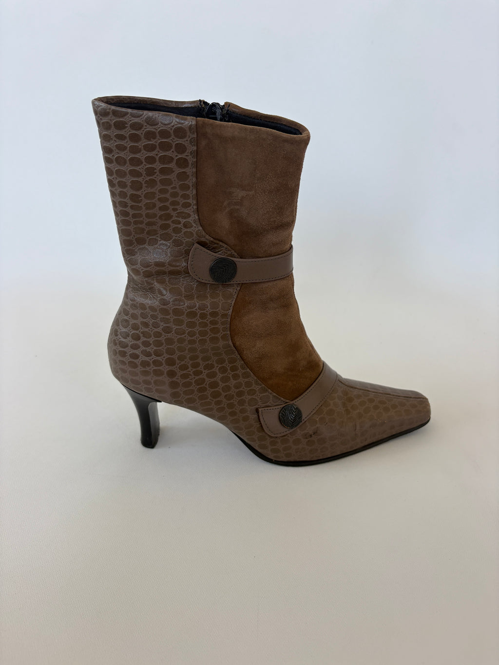 🔒 1172 / Brown Suede & Animal Print Square-toe Pointed Ankle Boots