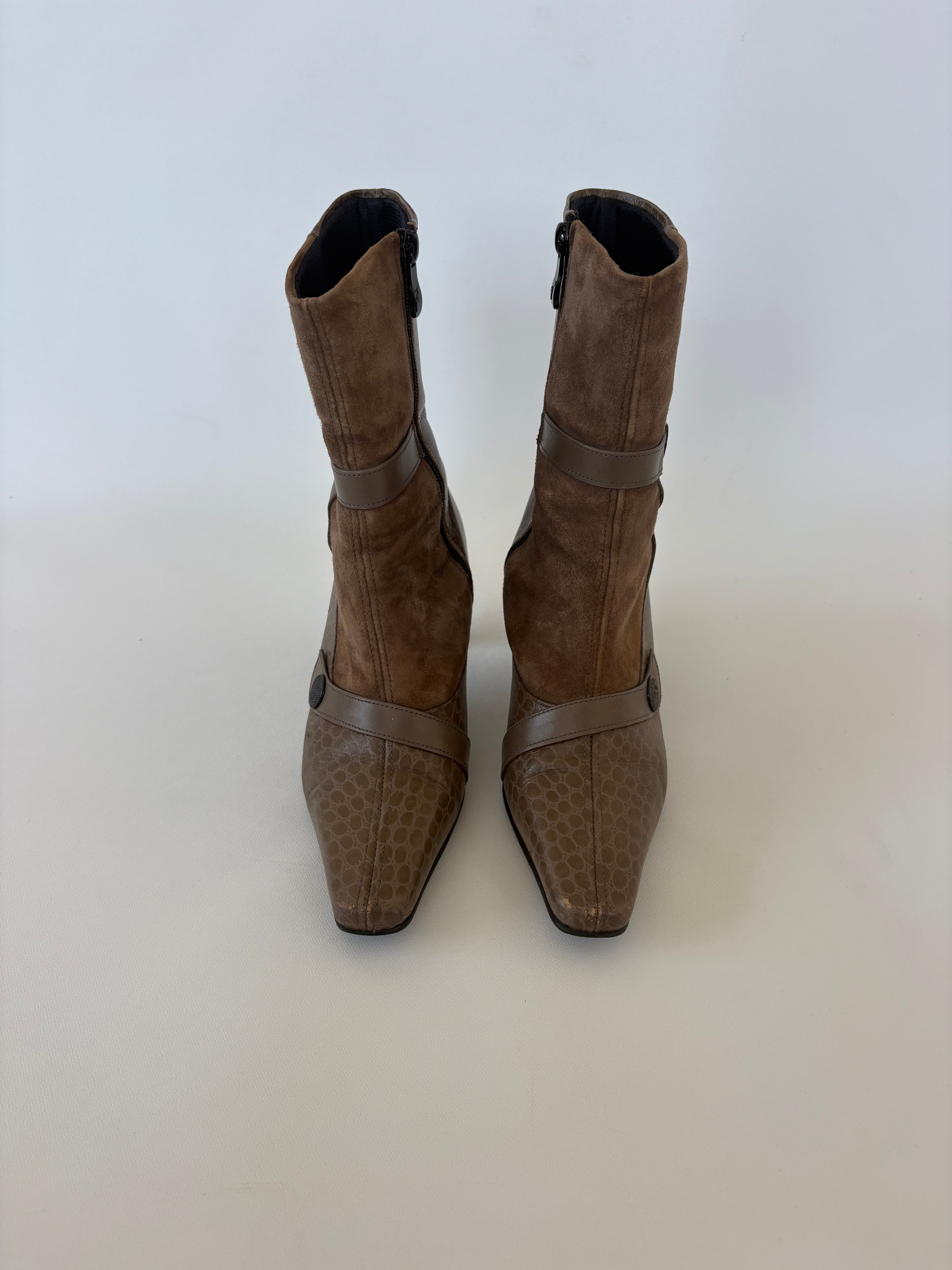 🔒 1172 / Brown Suede & Animal Print Square-toe Pointed Ankle Boots