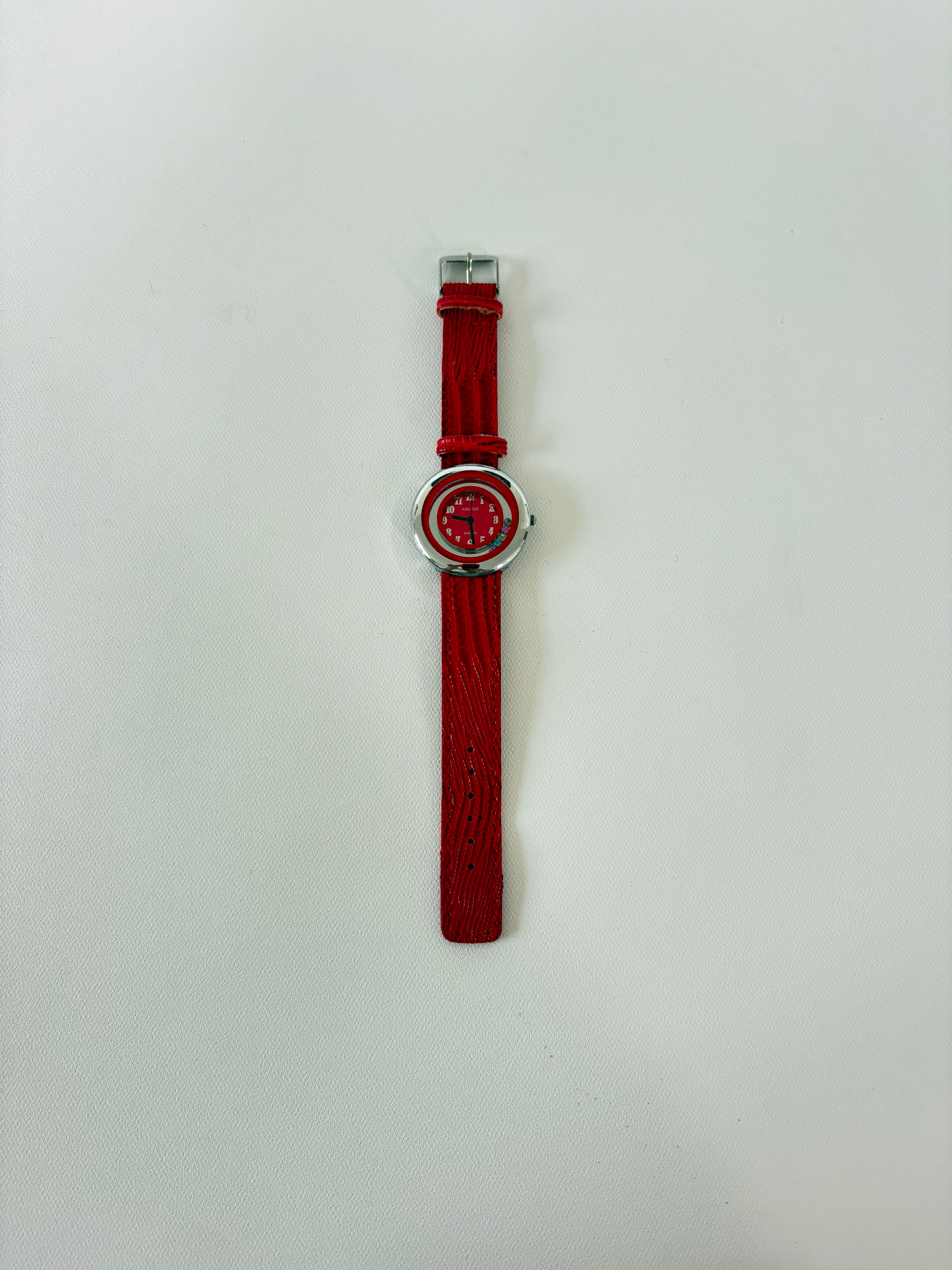 1247 / Red Animal Print Watch w/ Gemstones