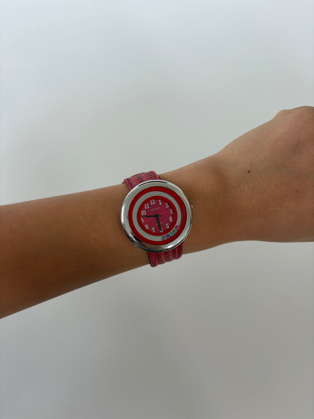 1247 / Red Animal Print Watch w/ Gemstones
