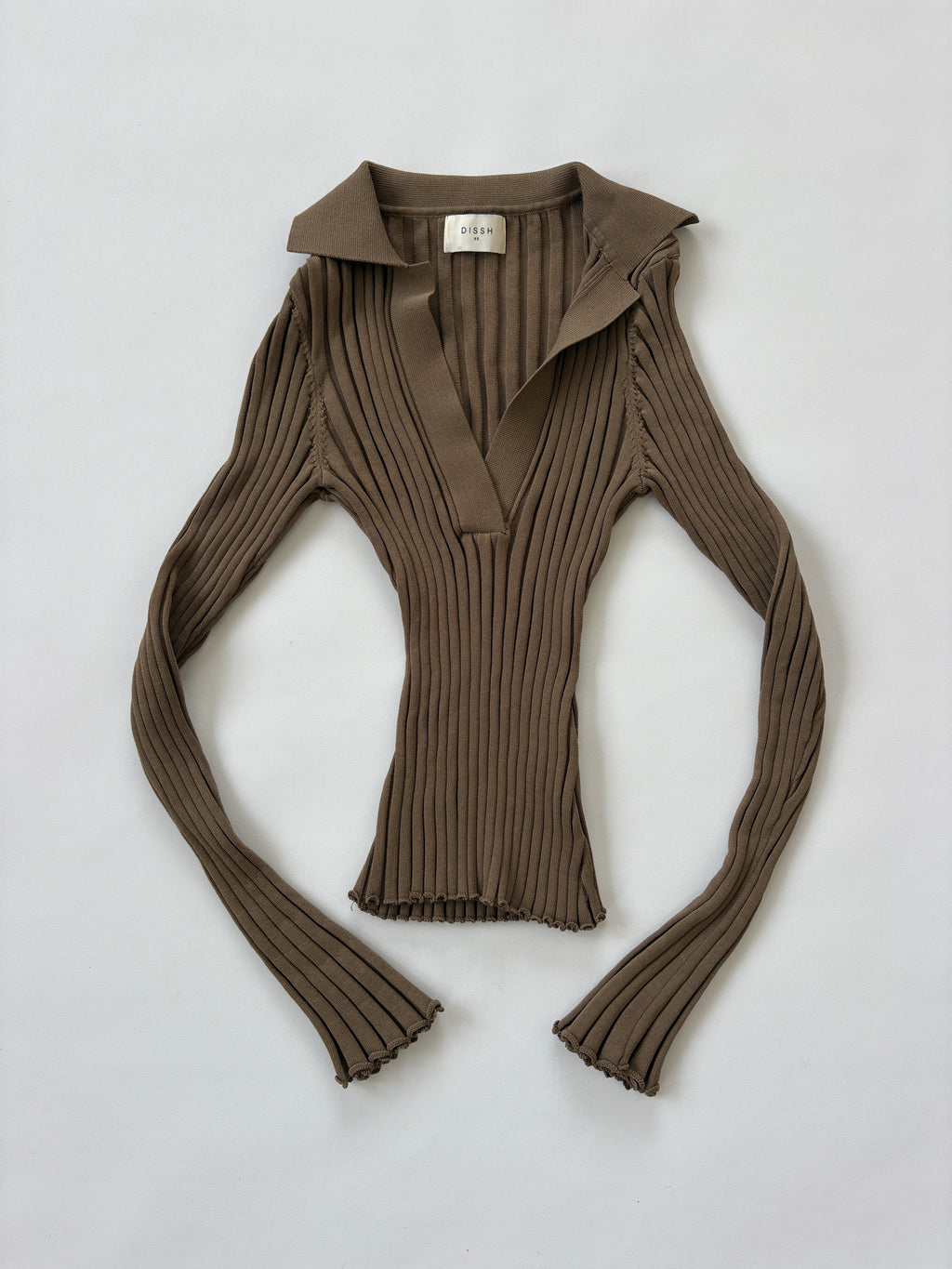 1266 / Green Dissh Ribbed V Neck Long Slevee