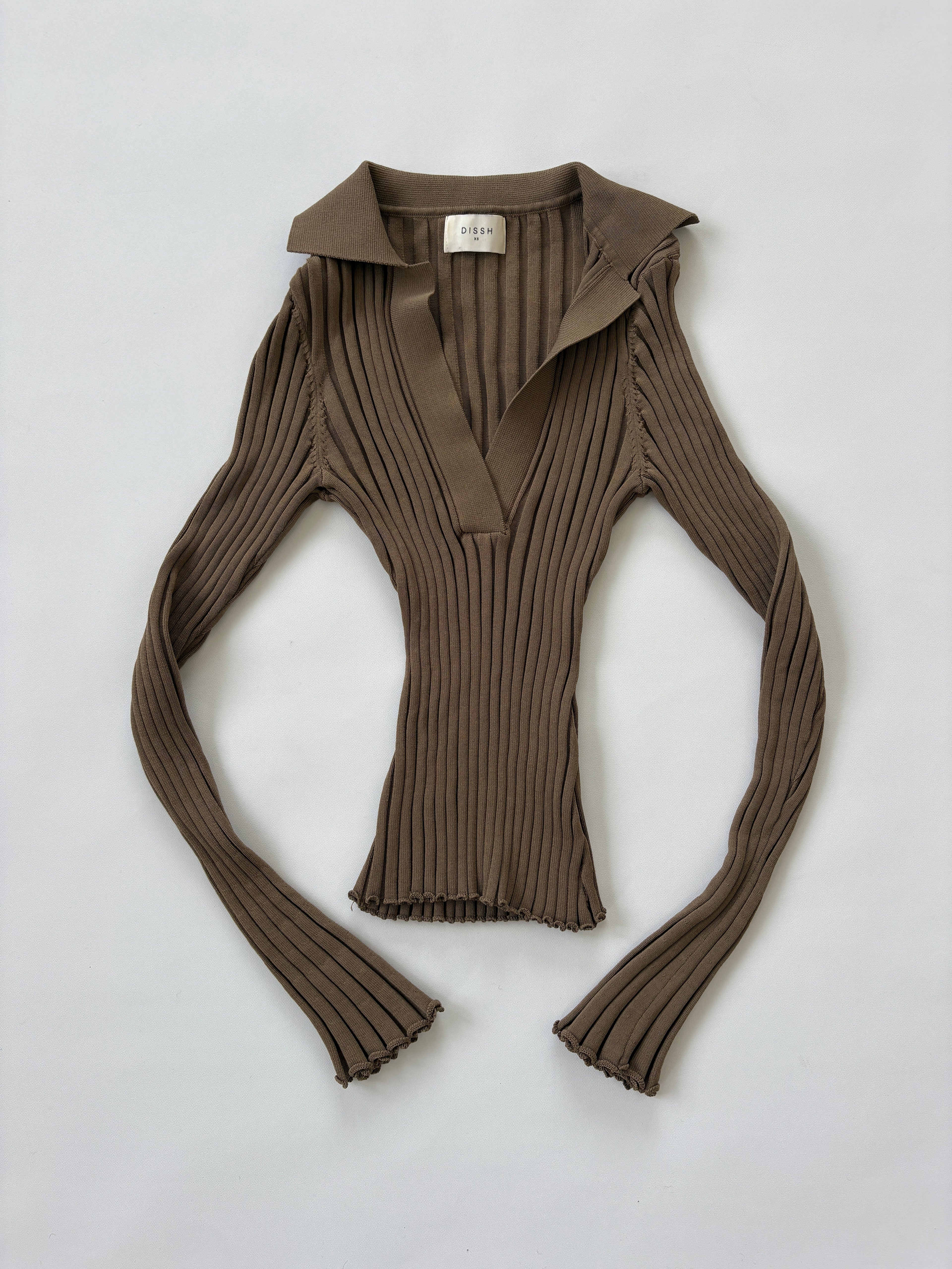 1266 / Green Dissh Ribbed V Neck Long Slevee